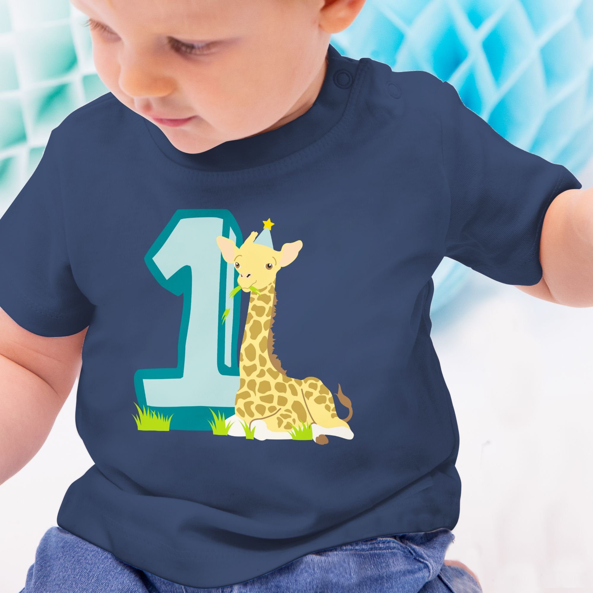Geburtstag 1 T-Shirt 1. Giraffe Eins Navy Shirtracer Blau