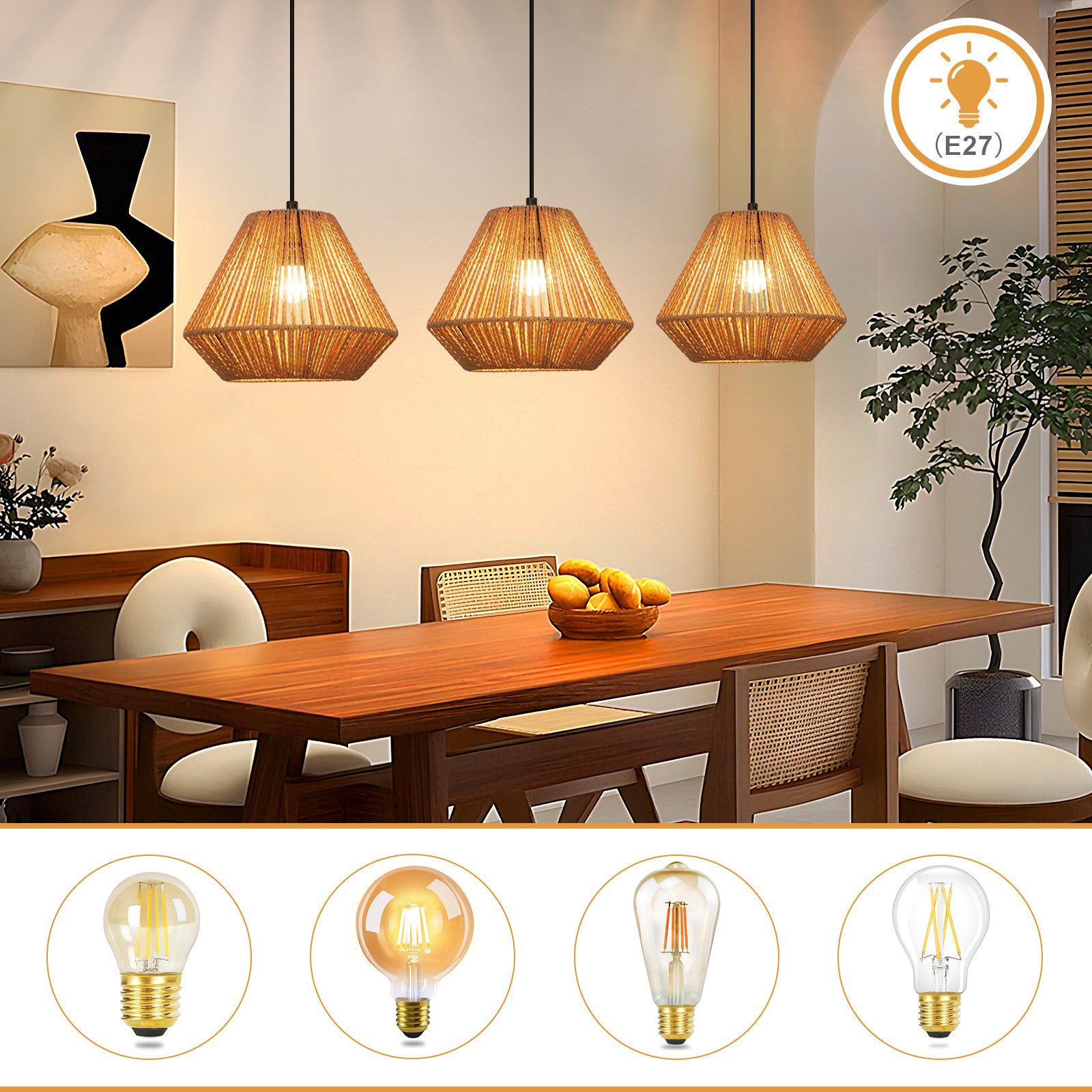 Nettlife Pendelleuchte Rattan 3 flammig Boho E27 Hängeleuchte für Esstisch, Ohne Leuchtmittel, für Esstisch Esszimmer Schlafzimmer Wohnzimmer – Bild 4 von 5