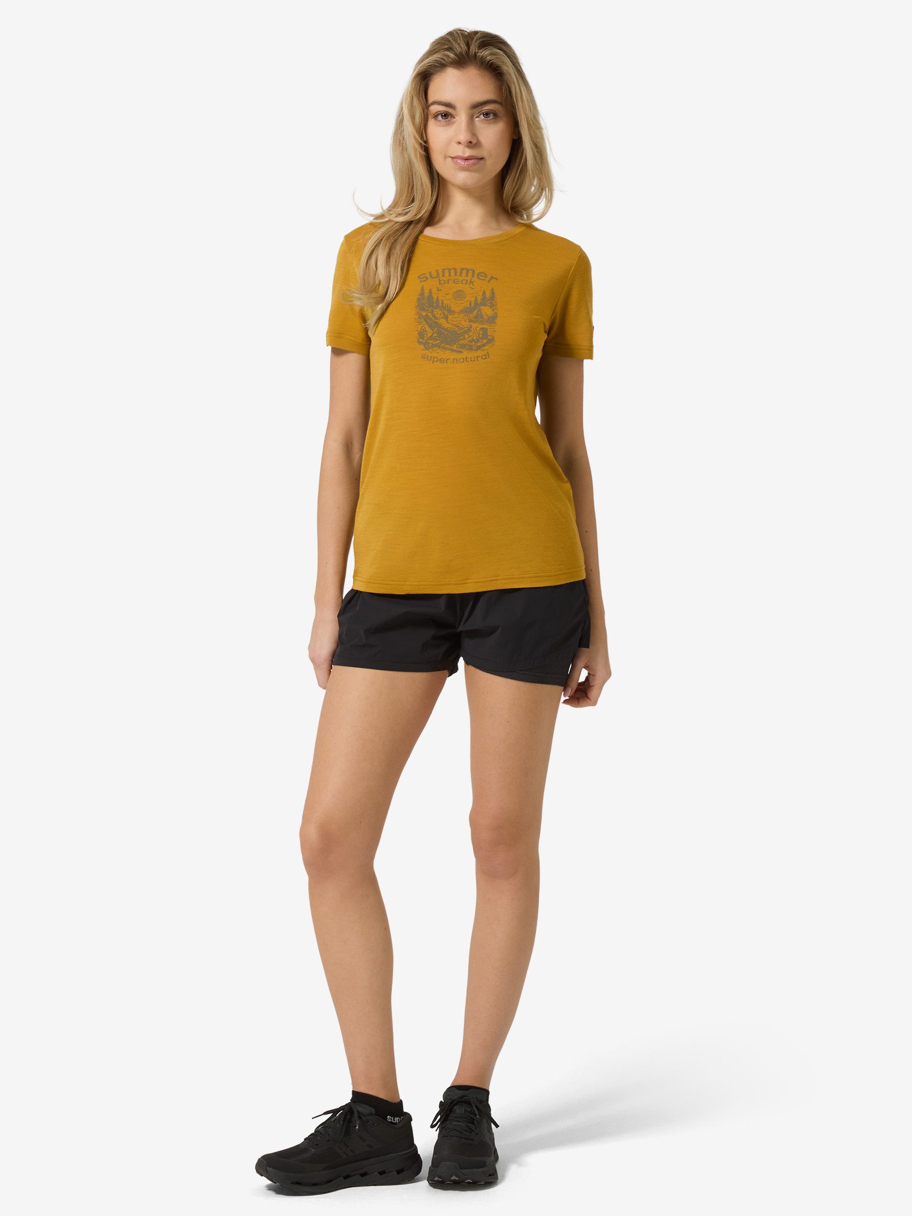 SUPER.NATURAL T-Shirt für Damen,Merino W SUMMER BREAK TEE mit Sommer-Motiv, atmungsaktiv