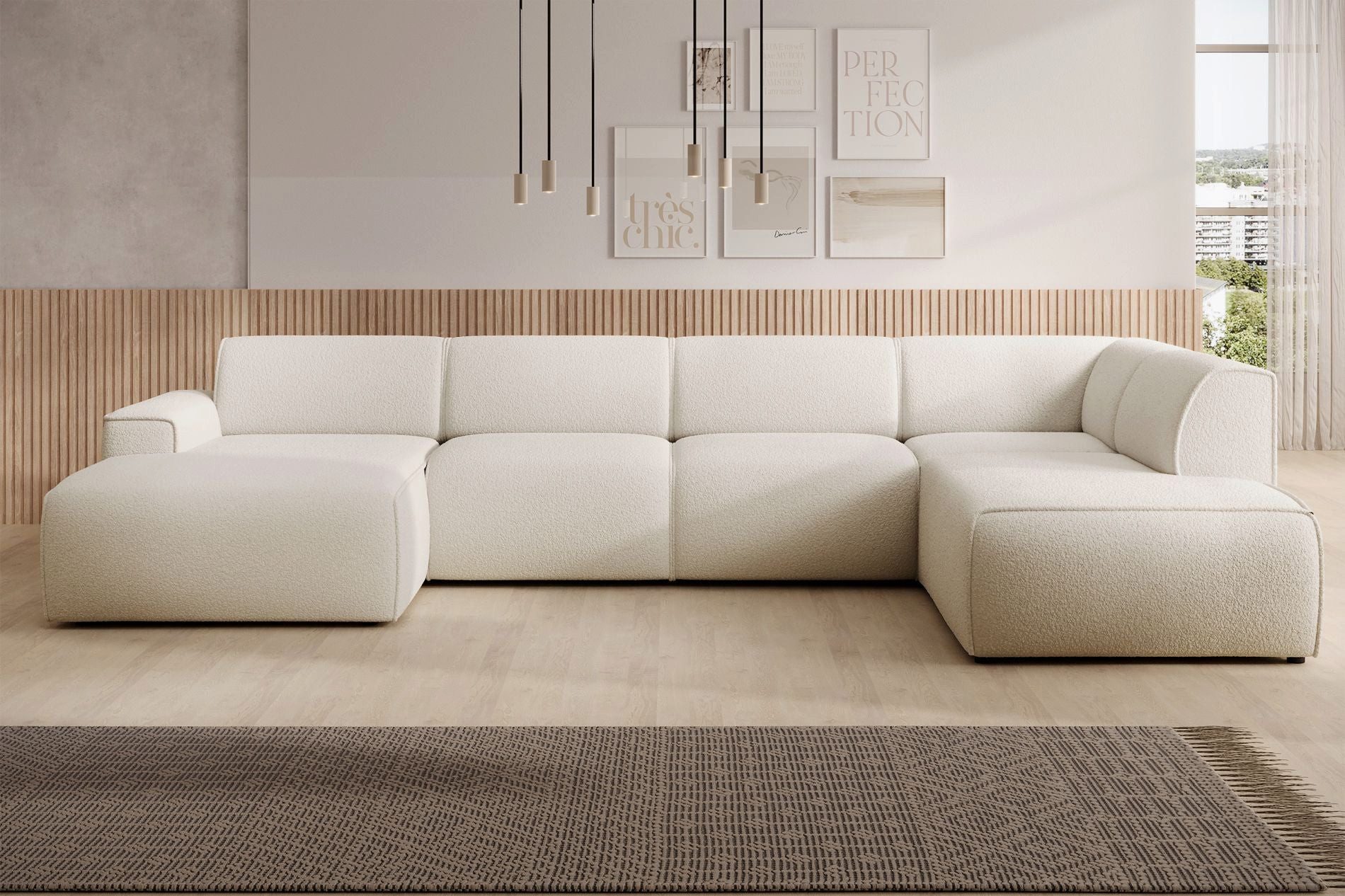 Selsey Ecksofa BOUVI, U-Sofa mit Rückenlehne an der Ottomane, Bouclé