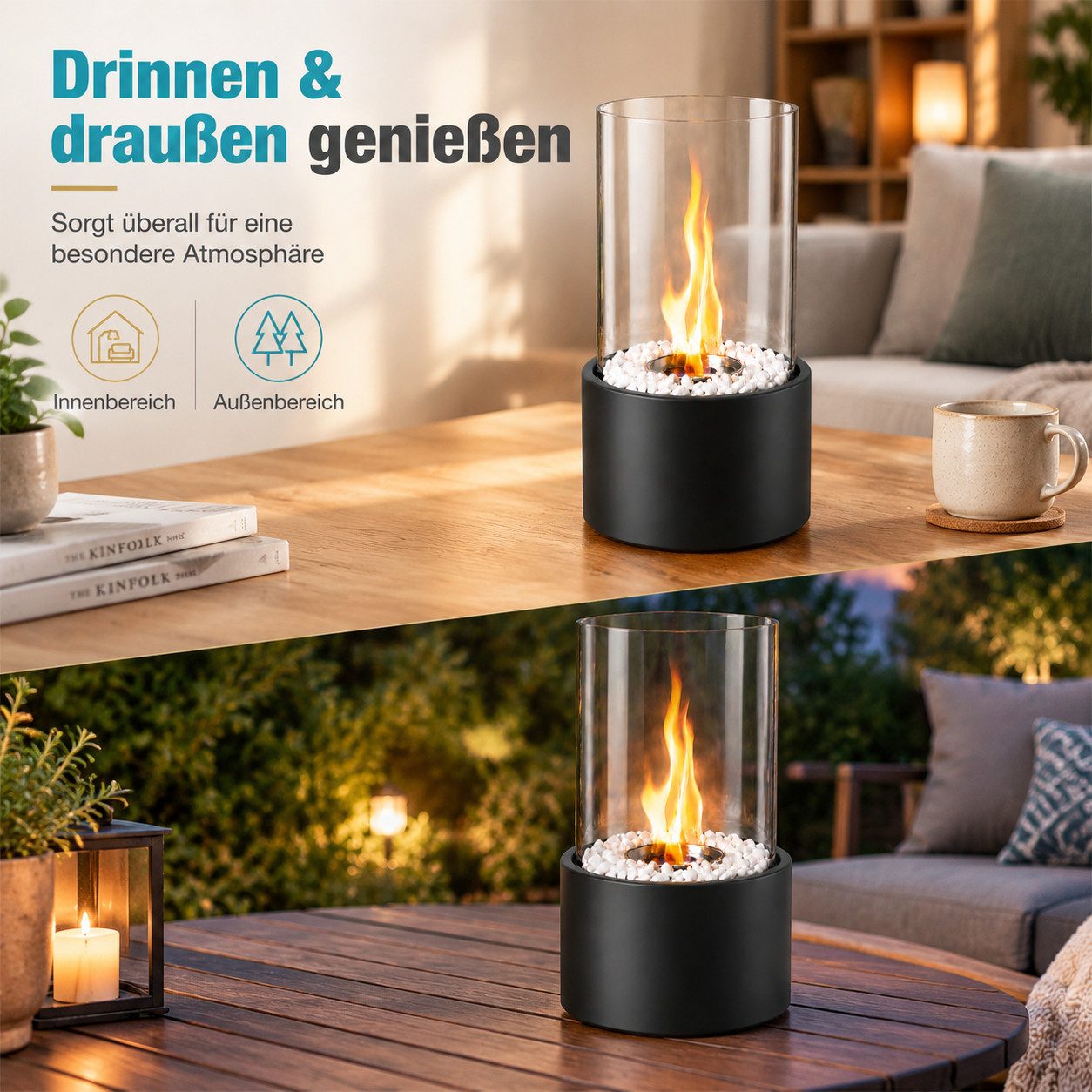 Nettlife Tischfeuer Tischfeuerstelle Rund, Ethanol Tischkamin, Glas Dekosteinen, Schwarz (Set, Für Balkon Schlafzimmer Zuhause), Die Party Geschenkideens oder a – Bild 2 von 5