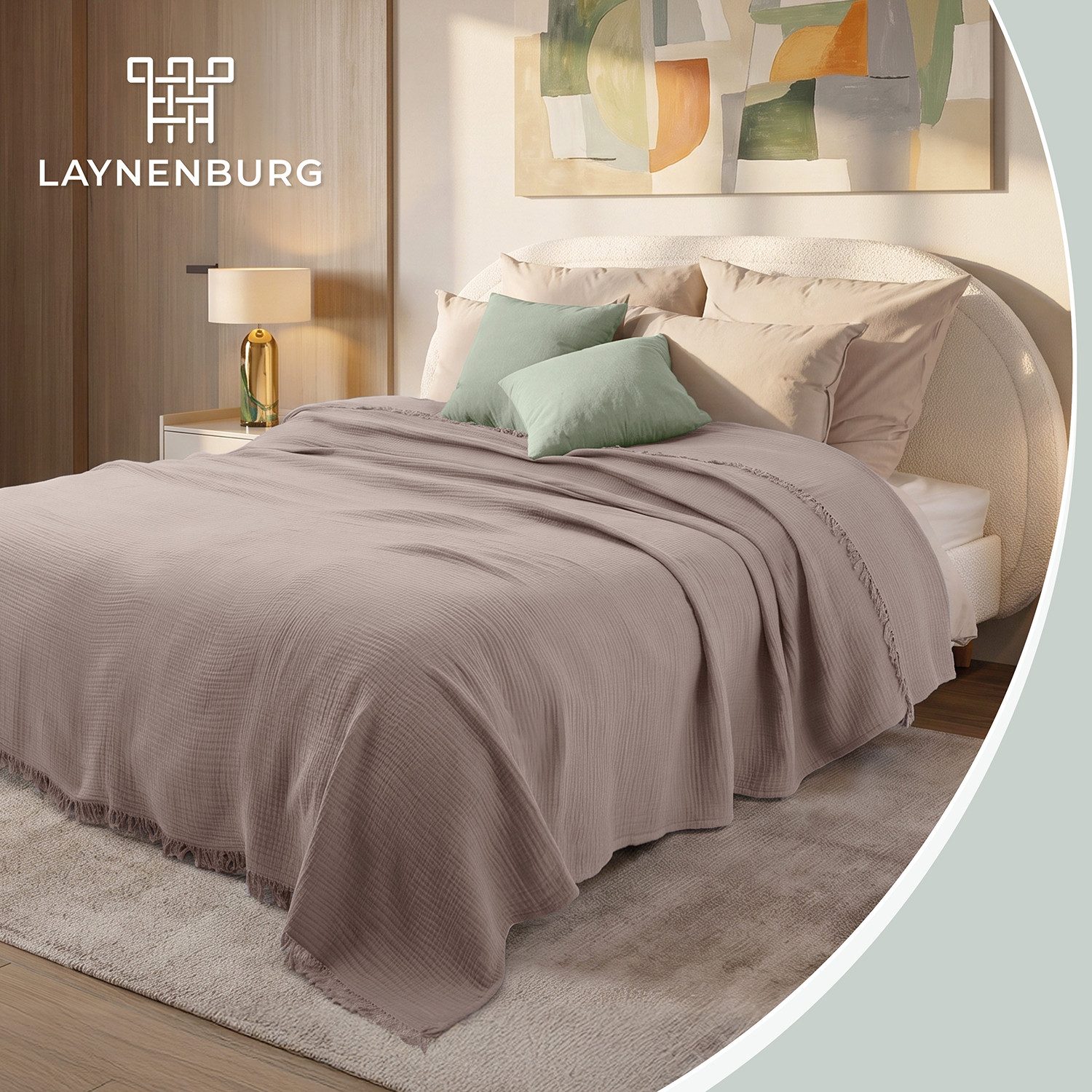 Laynenburg Tagesdecke Musselin mit Fransen aus 100% Baumwolle – Baumwolldecke, Wohndecke als Sommerdecke, Bett-Überwurf, Sofa-Decke, Kuscheldecke – Bild 2 von 5