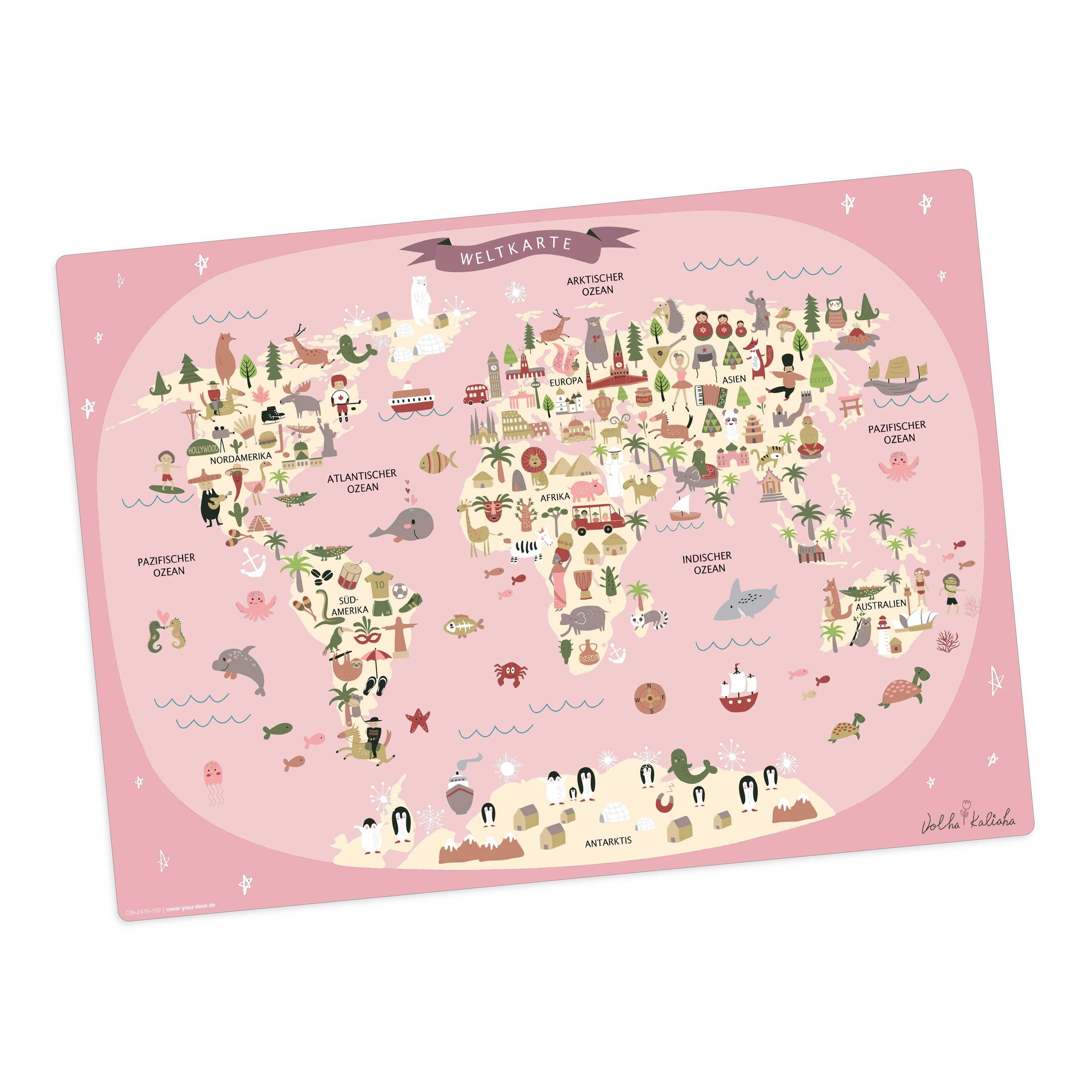 Platzset, Tischset,  Platzset abwaschbar - Kinder - Weltkarte rosa mit Tieren, Tischsetmacher, (aus erstklassigem Vinyl (Kunststoff - BPA-frei) - in deutsch, 1-St., 44 x 32 cm - rutschfeste Tischdekoration), Made in Germany