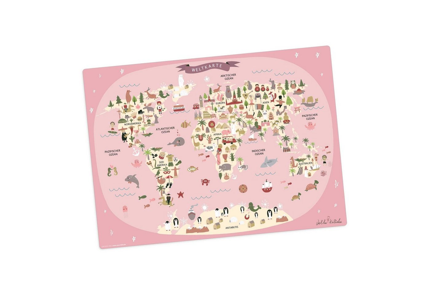Tischsetmacher Platzset Tischset, Platzset abwaschbar - Kinder - Weltkarte rosa mit Tieren, (aus erstklassigem Vinyl (Kunststoff - BPA-frei) - in deutsch, 1-St., 44 x 32 cm - rutschfeste Tischdekoration), Made in Germany