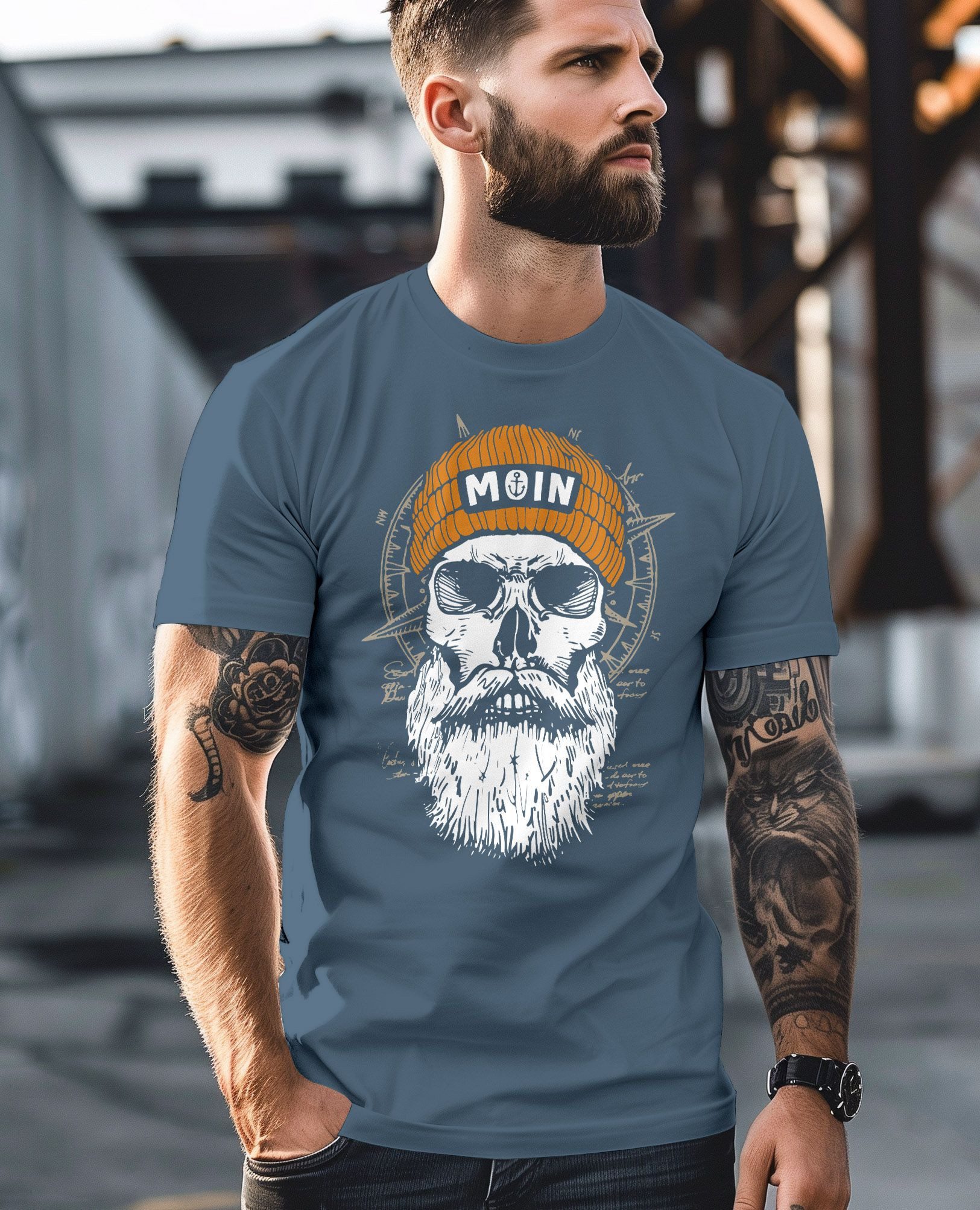 Neverless Print-Shirt Herren T-Shirt Printshirt Moin Skull Windrose Kompass Totenkopf mit Print – Bild 4 von 5