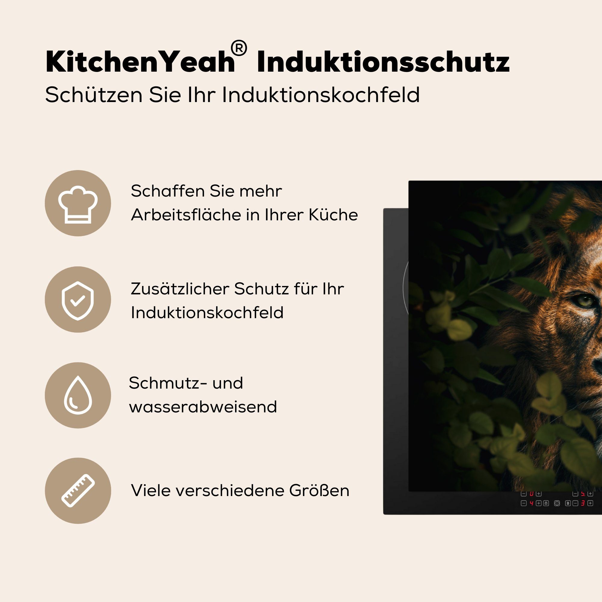 MuchoWow Herdblende-/Abdeckplatte Dschungel - - Löwe tlg), Blätter, 81x52 Schutz für die küche, (1 cm, Ceranfeldabdeckung Induktionskochfeld Vinyl, - Tiere