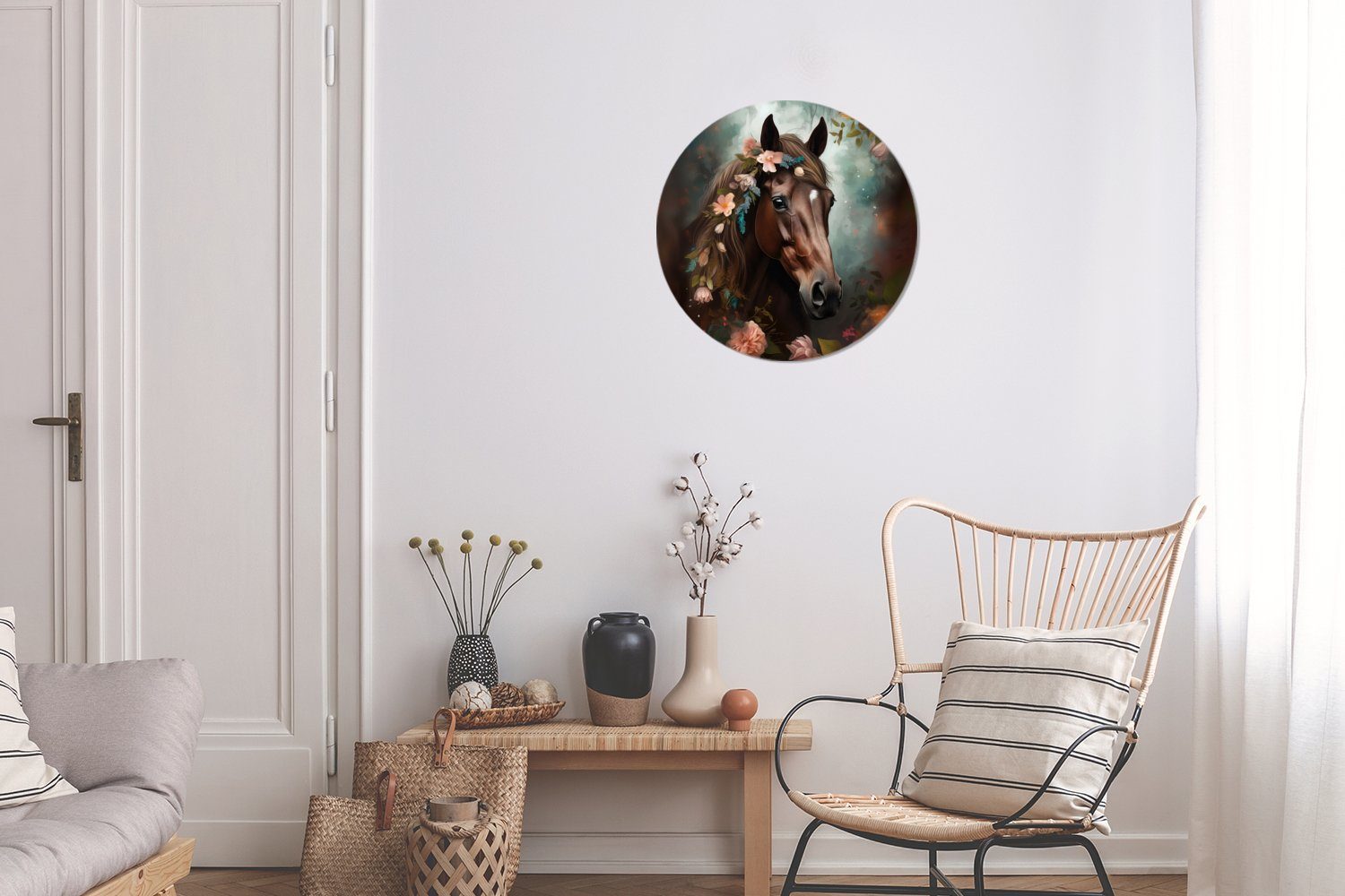- Kreis Rundes Wohnzimmer, - Blumen - Forex, MuchoWow St), Wandbild, cm Natur 30x30 Tiere Wald, (1 Wanddekoration Gemälde Pferd -