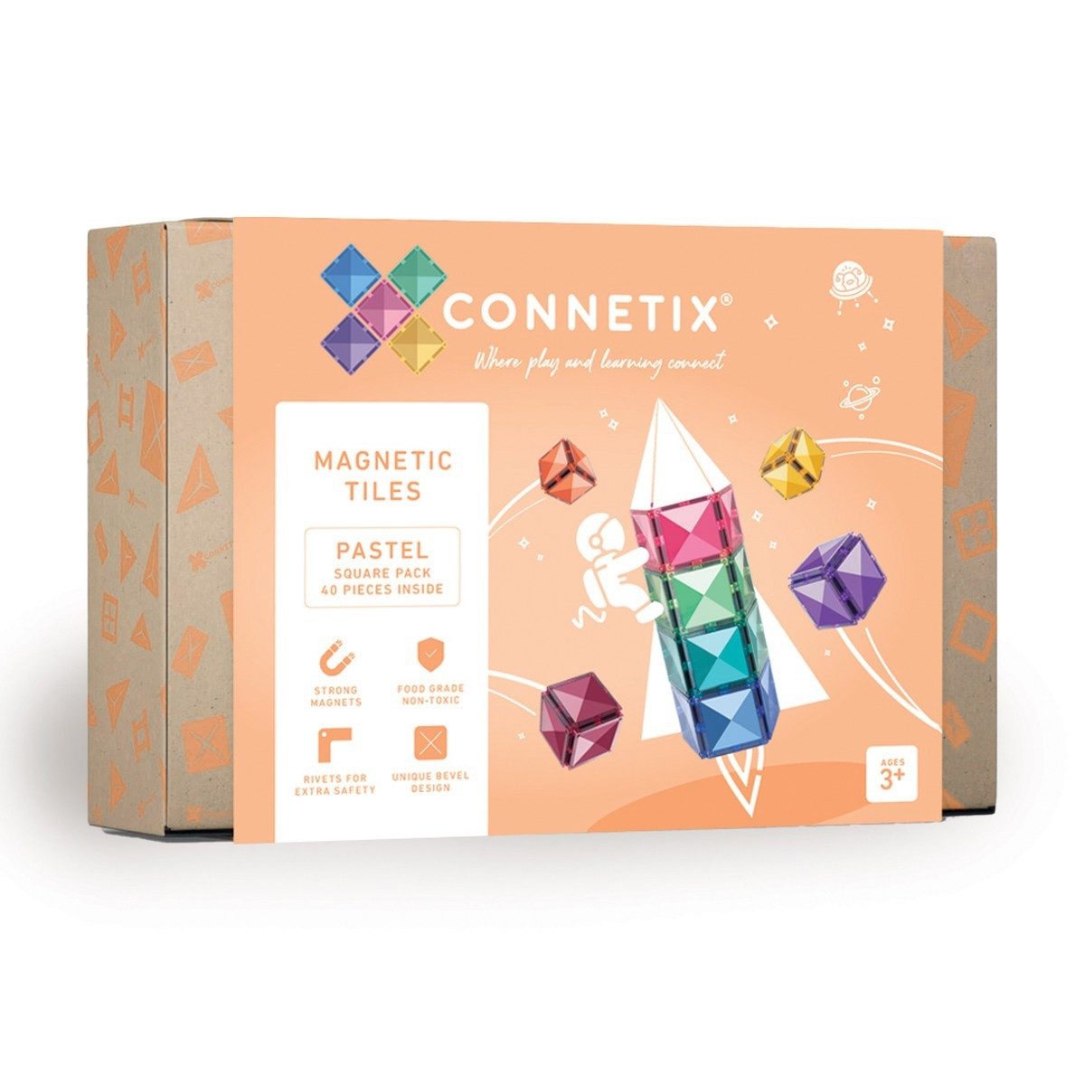 Connetix Pastel Square Pack verstärkte Magnete pädagogisches Lernspiel Magnetspielbausteine, (Open Play, 40 Teile), ab 3 Jahren