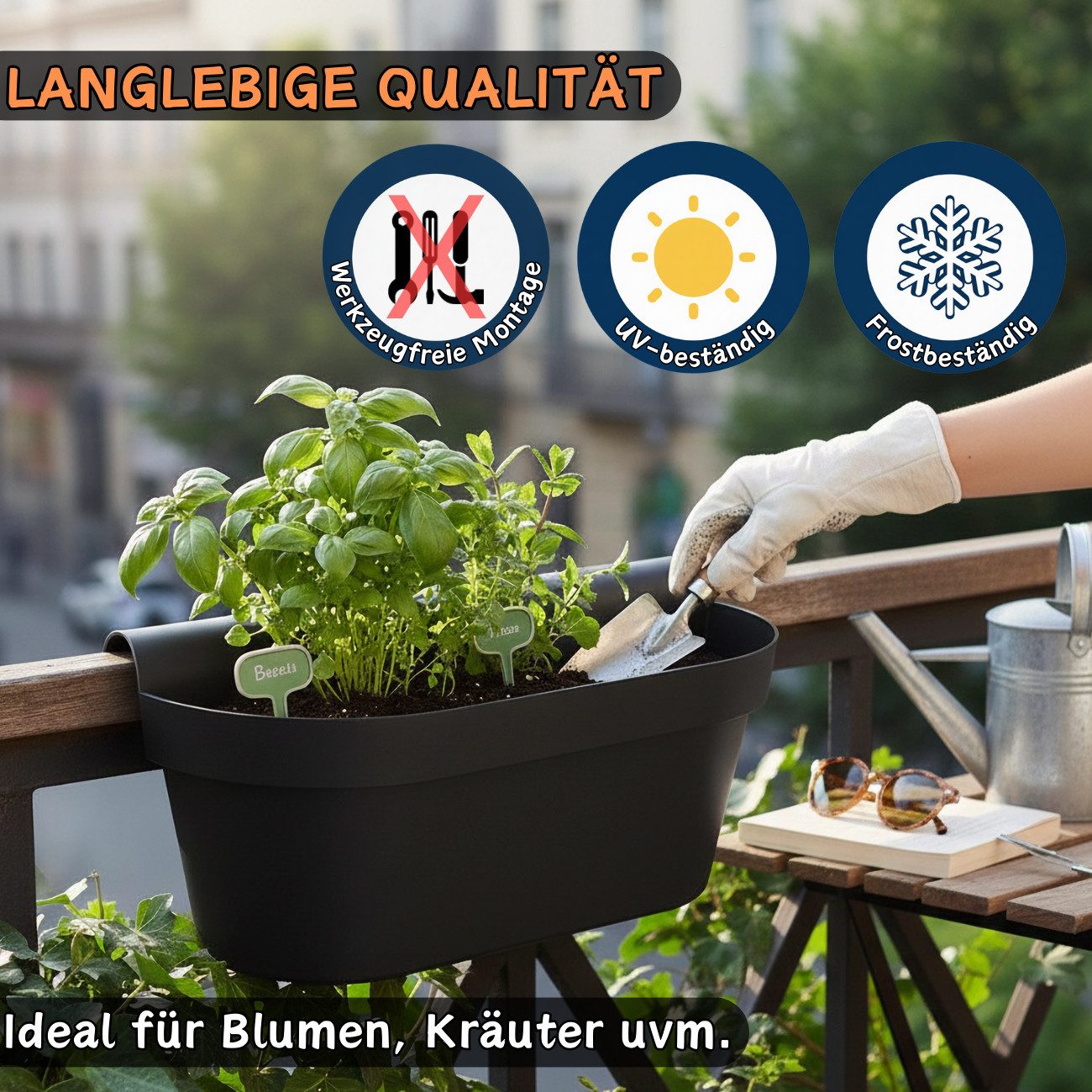 Engelland Balkonkasten Blumenkasten mit Wasserspeicher & Drainagesystem (Vorteils-Set, 3 St., Robust & Bruchfest), Blumentopf für Balkongeländer & Gartenzäune,  – Bild 4 von 5