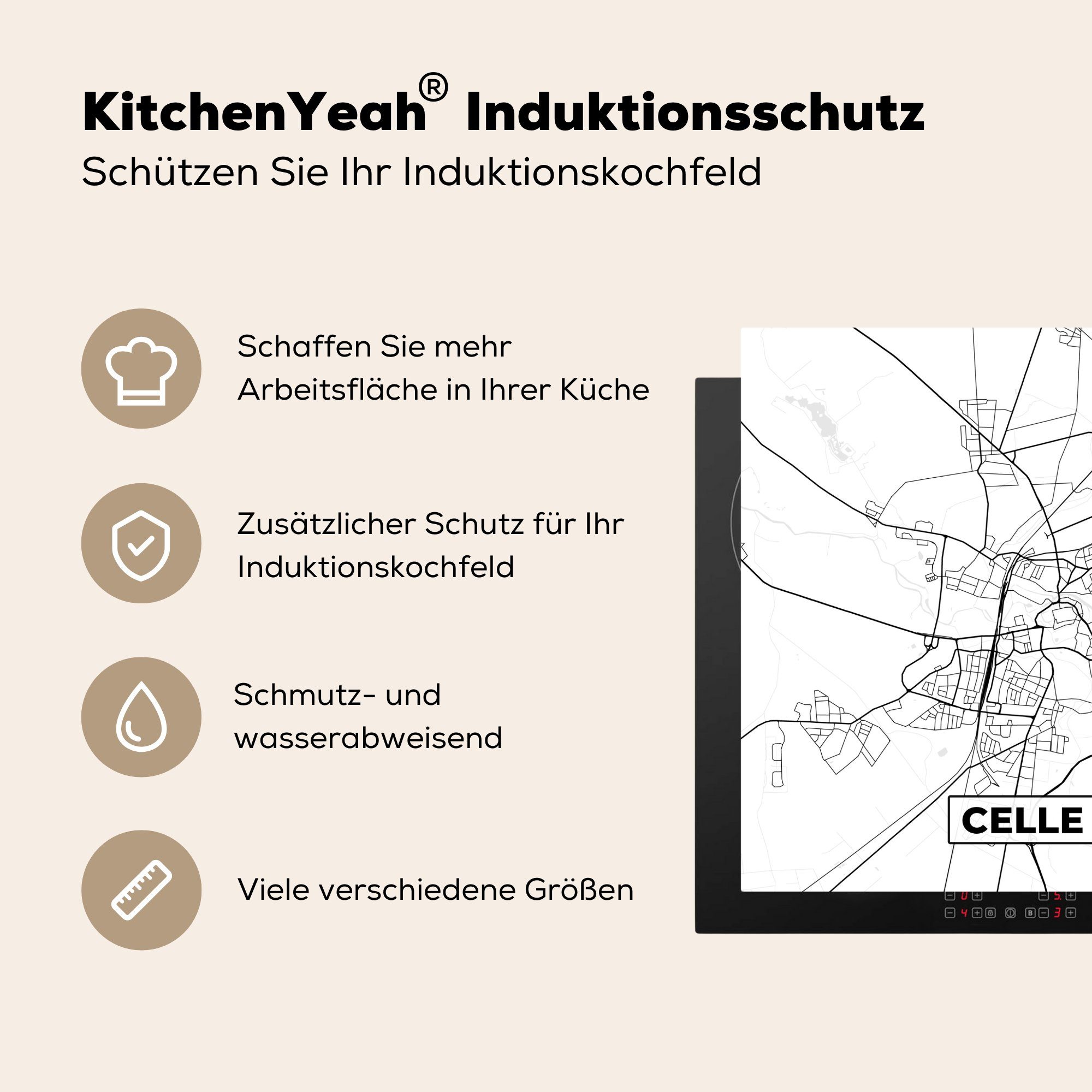Herdblende-/Abdeckplatte - Karte Celle küche Arbeitsplatte Ceranfeldabdeckung, Stadtplan, MuchoWow für (1 tlg), Vinyl, cm, 78x78 -
