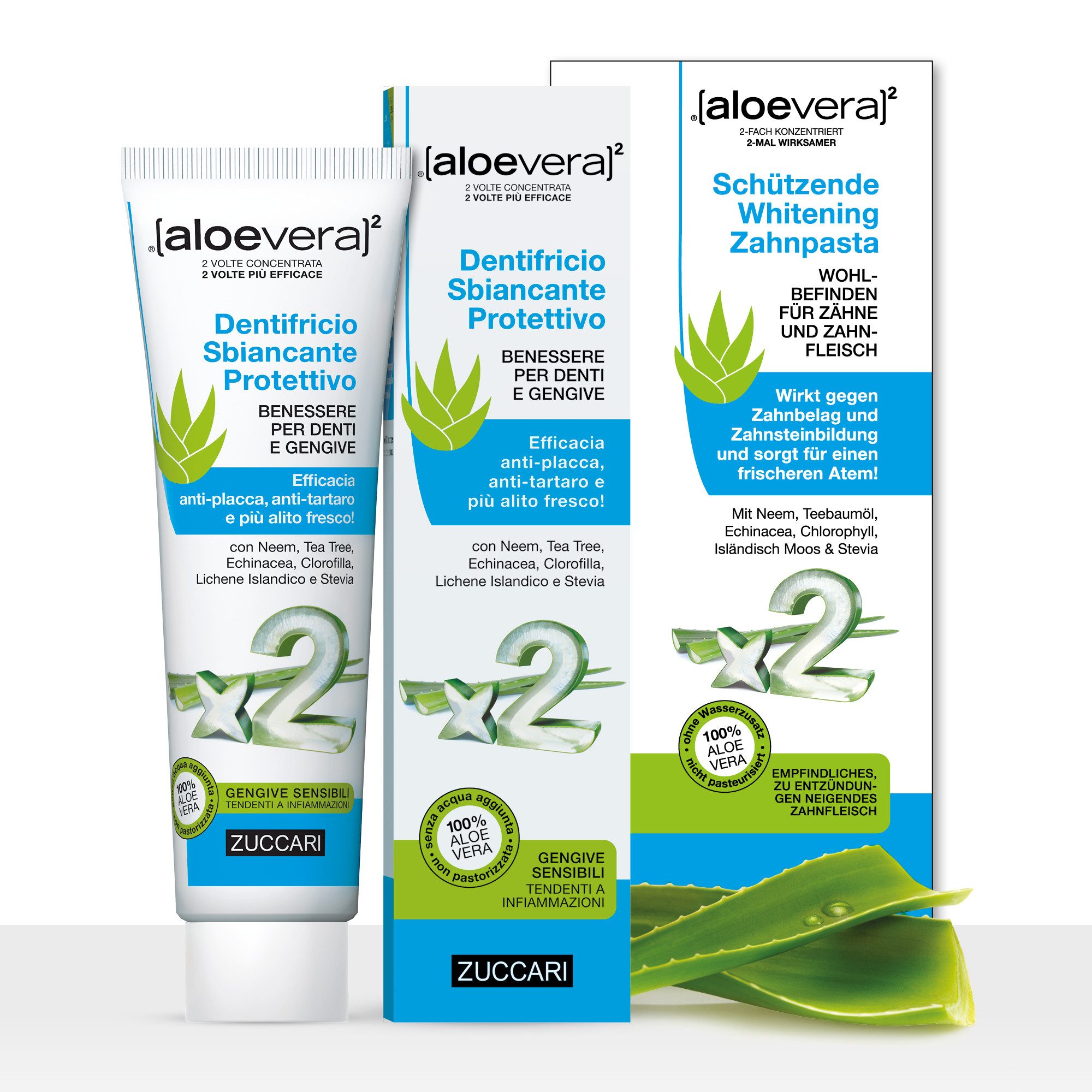 [aloevera]2 Zahnpasta gegen Zahnbelag und Zahnstein mit Whitening Effekt von ZUCCARI, mit 2-Fach konzentrierten Aloe Vera Saft ohne Wasserzusatz