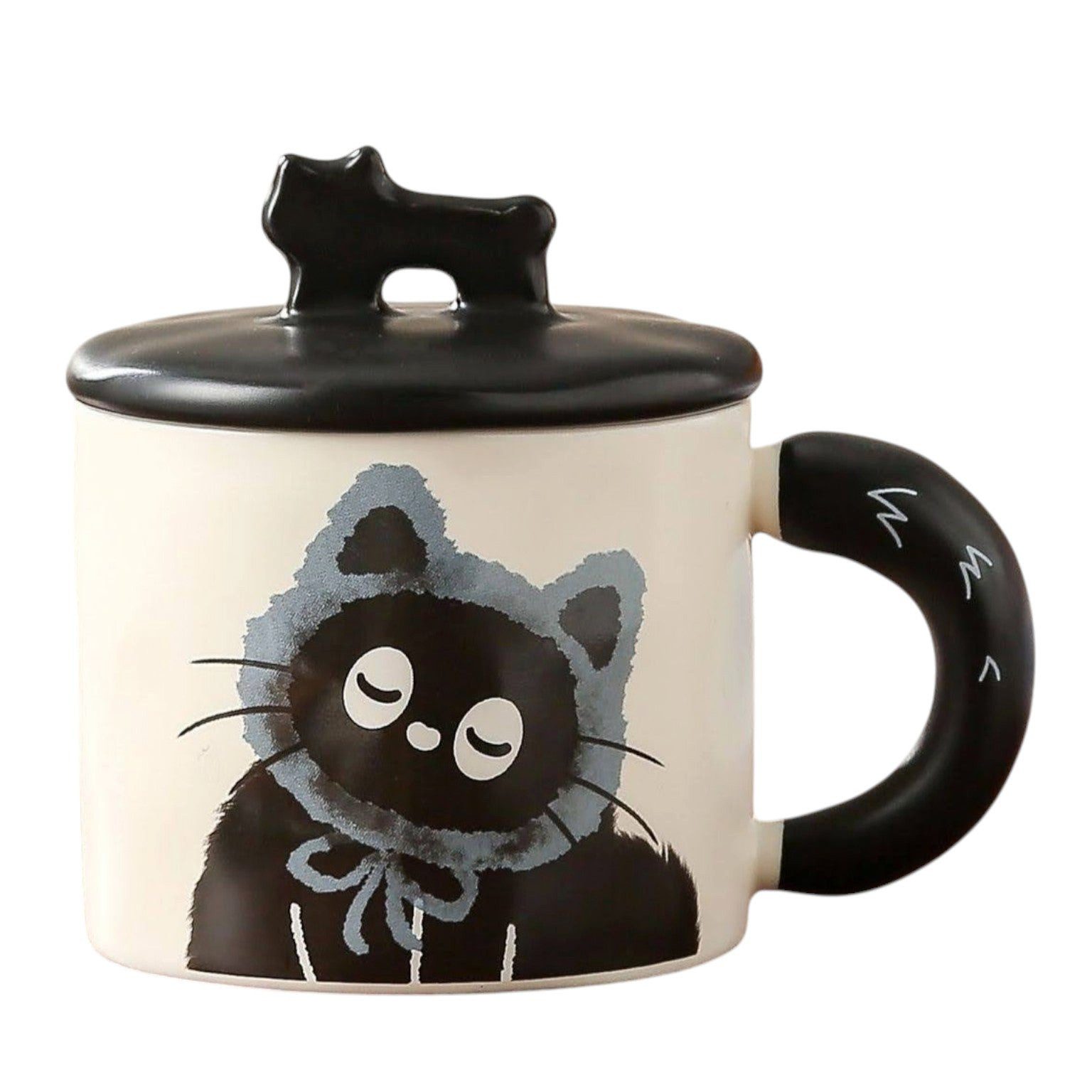 Dark-Desires Tasse Niedliche Keramik-Tasse Katze mit Deckel und Löffel - 350ml - blau