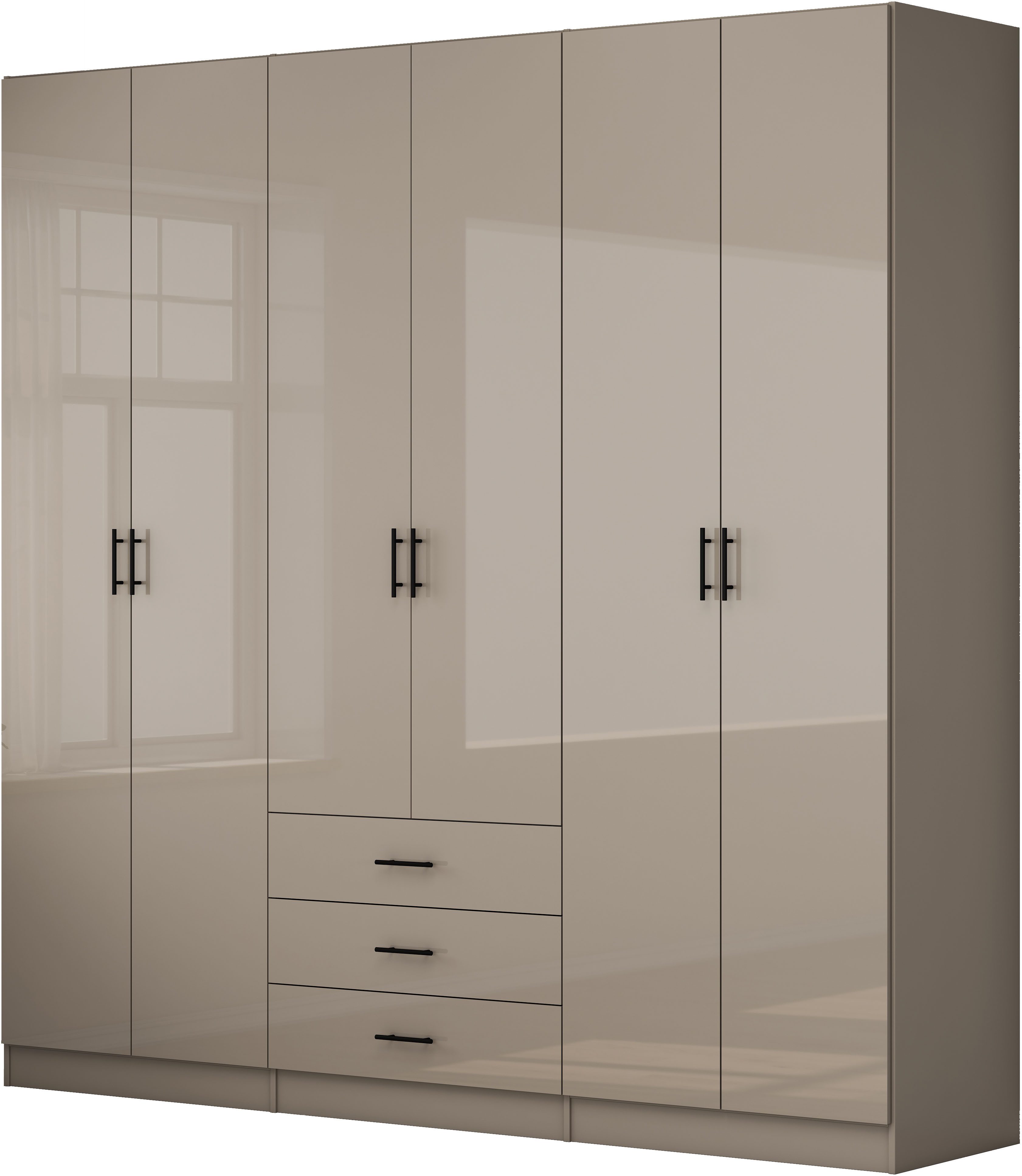 OTTO home Kleiderschrank Trento Schlafzimmerschrank Garderobe hochglanz (in 2 unterschiedlichen Schrankhöhen wählbar) Schrank mit 6 Türen und 3 Schubladen, hochglanz Fronten, Höhe 2,39m