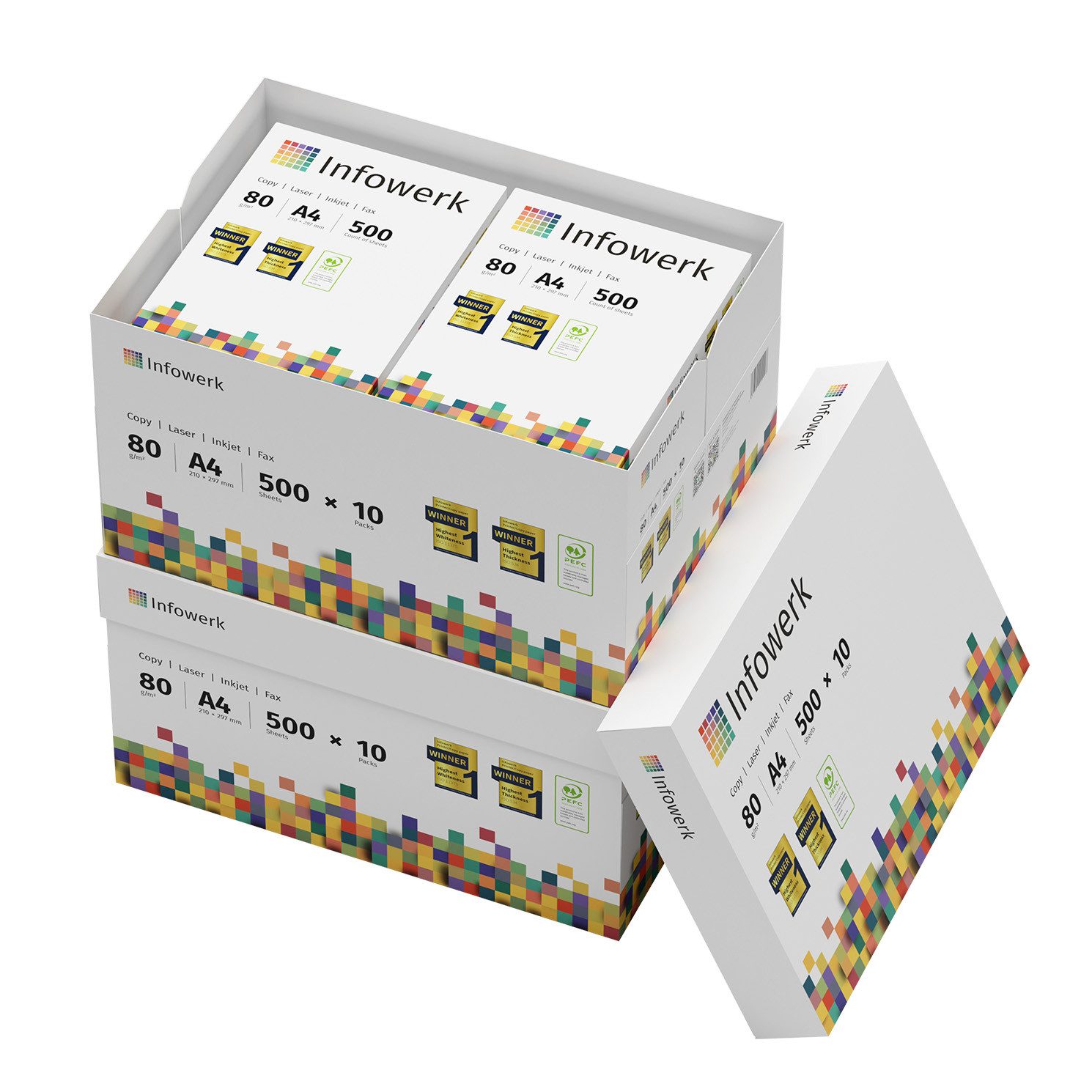 Infowerk Druckerpapier Kopierpapier 10000 Blatt A4 80g Premium Weiß Testsieger PEFC, PEFC-Zertifikat (GFA-PEFC-COC-500582) – Bild 2 von 3
