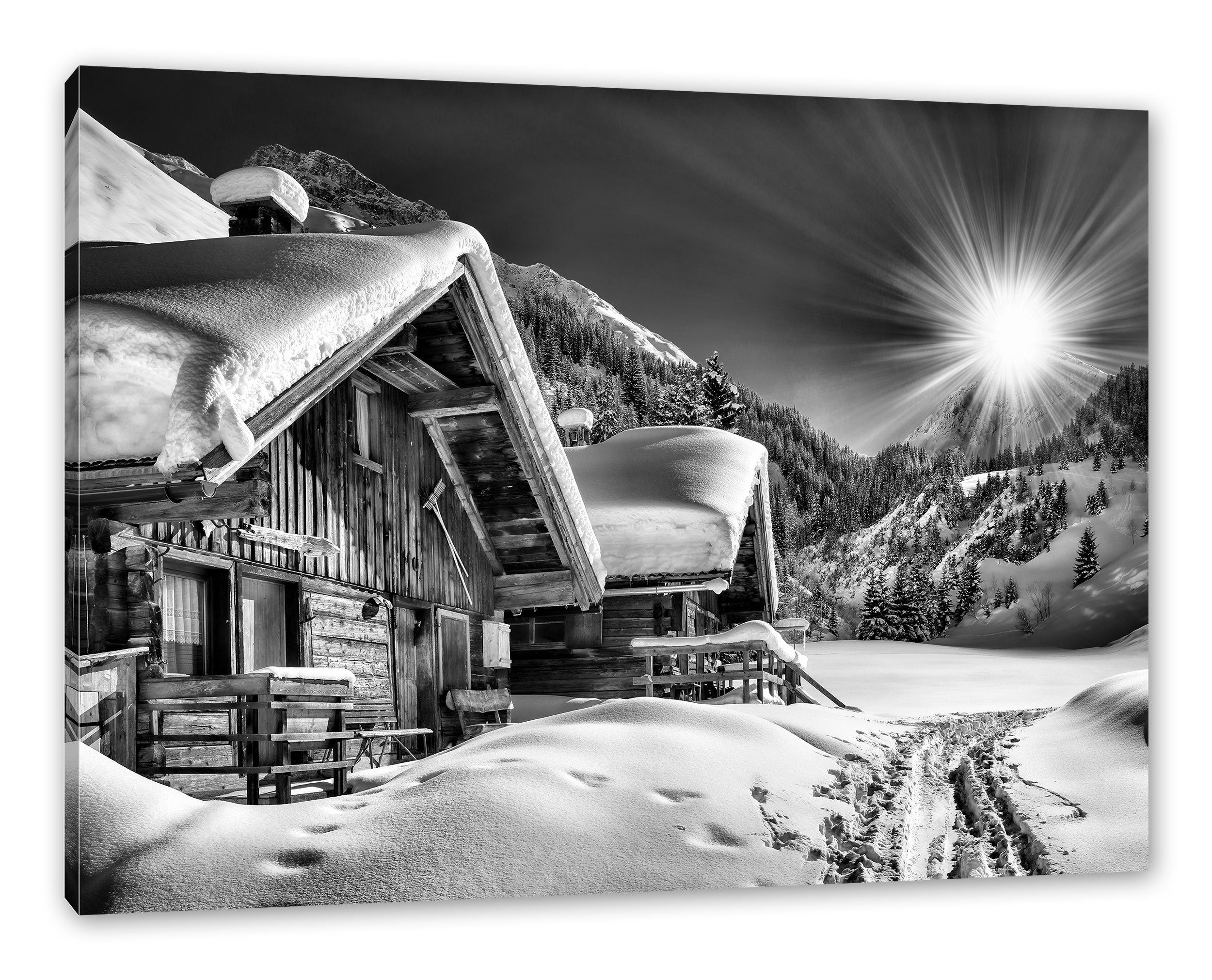 Verschneite bespannt, (1 Leinwandbild Verschneite Pixxprint fertig Zackenaufhänger Alpenhütte Leinwandbild inkl. Alpenhütte, St),