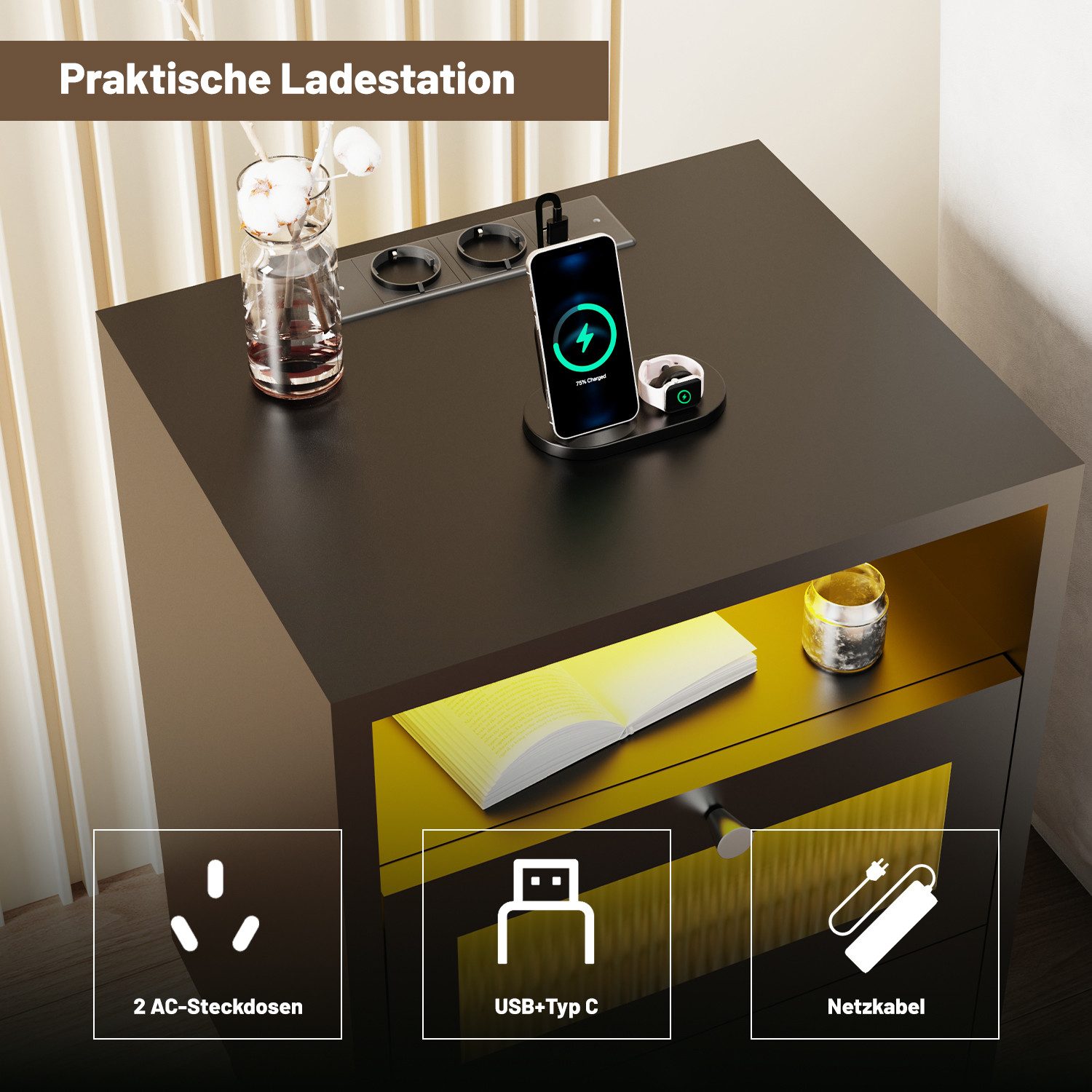 oyajia Nachttisch mit LED-Beleuchtung und Ladefunktion, Beistelltisch (Nachtschrank Beistelltisch mit 2 Schubladen und 1 offener Ablage, 2-St), 2 AC-Steckdosen, 1 typ C+1 USB-Anschlüsse, 40x35x61cm