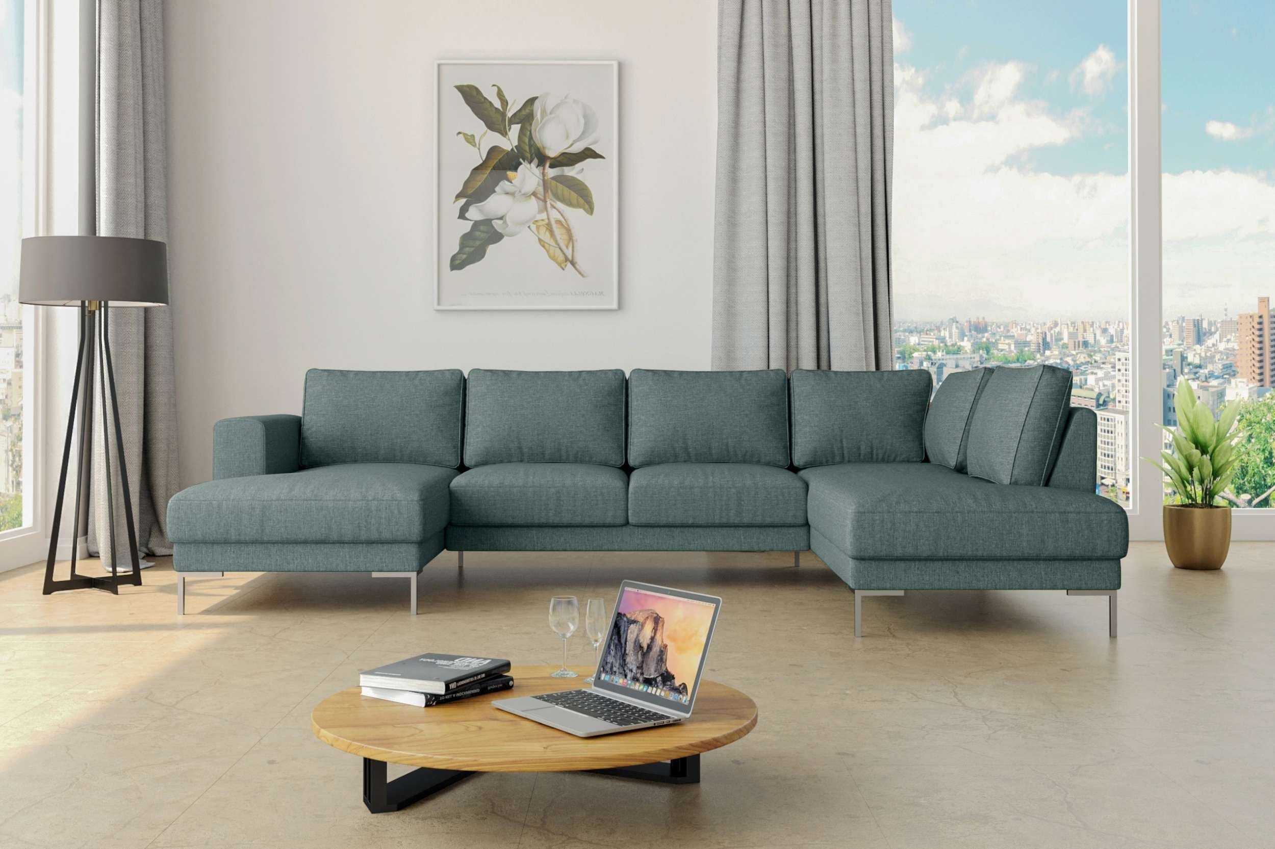 Stylefy Wohnlandschaft Santini, Sofa, oder Grau im Wellenfederung, Design, frei Raum Metall rechts mit Modern mane stellbar, links U-Form, bestellbar
