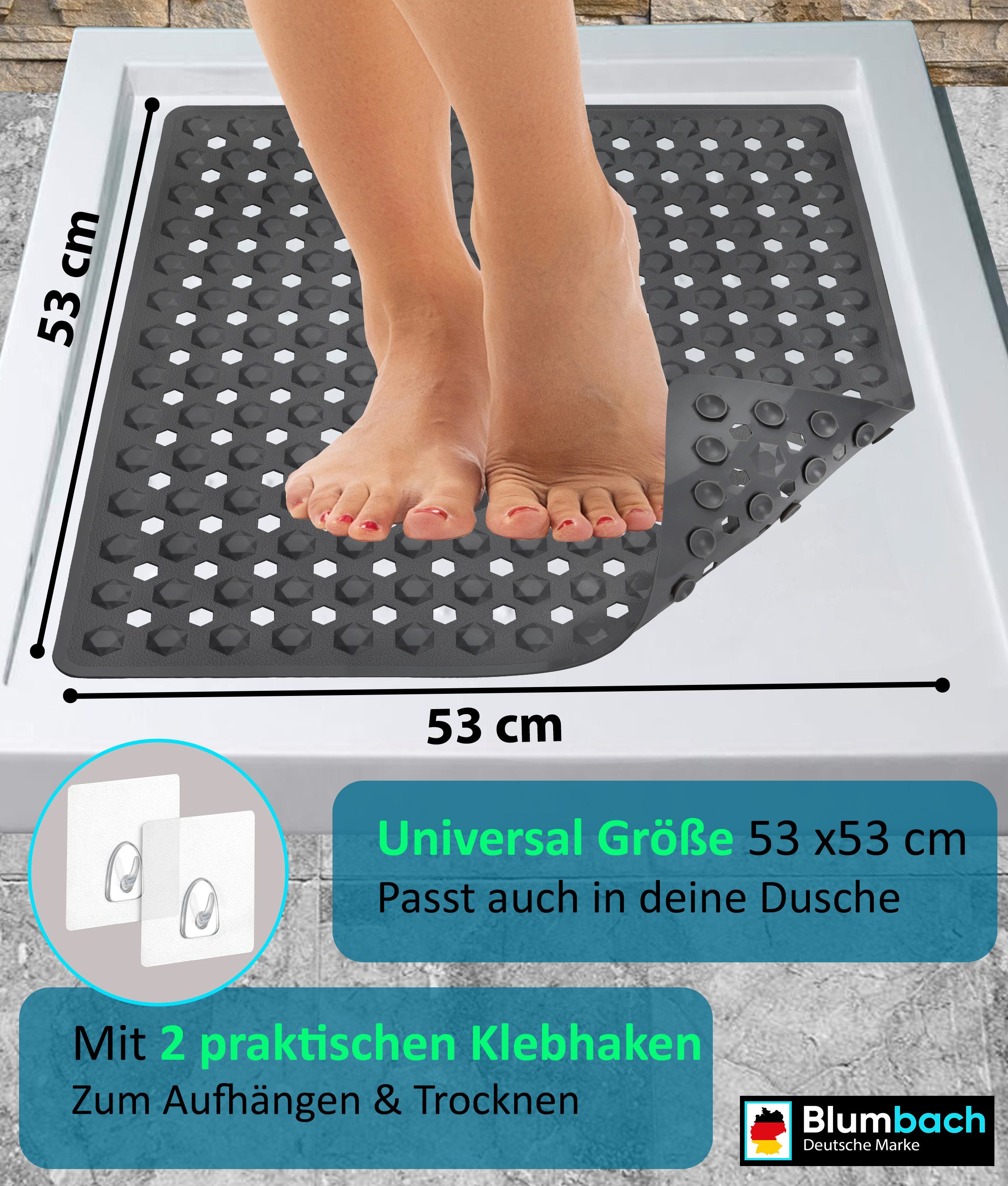 Blumbach Duschmatte - griffige Antirutschmatte Diamant 53 x 53 cm, - 100% BPA-frei, inkl. 2 Haken zum Aufhängen, Duscheinlage, schimmelressisten & maschinenwasc – Bild 3 von 5