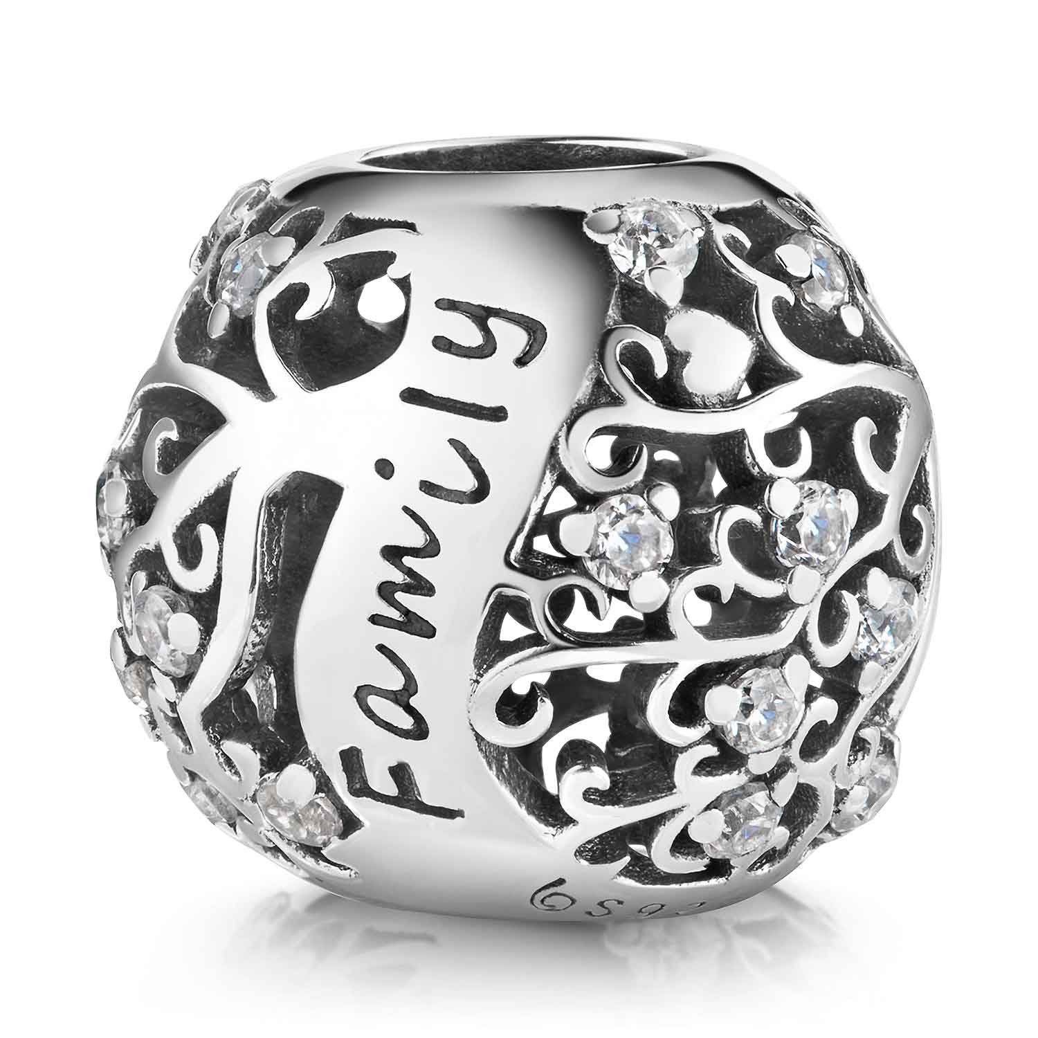 Materia Bead Schriftzug " Family " Ranken Herzen Zirkonia antik 1039, 925 Sterling Silber