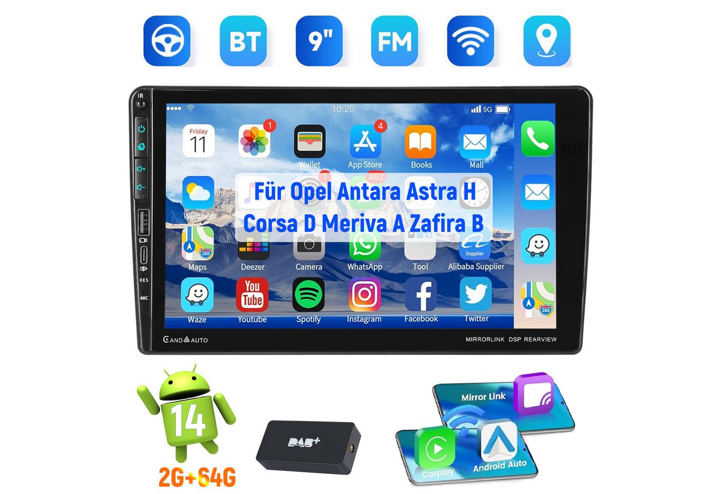 ESSGOO Für Opel Antara Astra H Corsa D Meriva Zafira Kamera Android 15 Type-C Autoradio (RDS, 4+64GB(optional), Type-C, Digitalradio (DAB), FM, AM, Carplay Android Auto Bluetooth EQ USB GPS Navi WIFI Touchscreen)