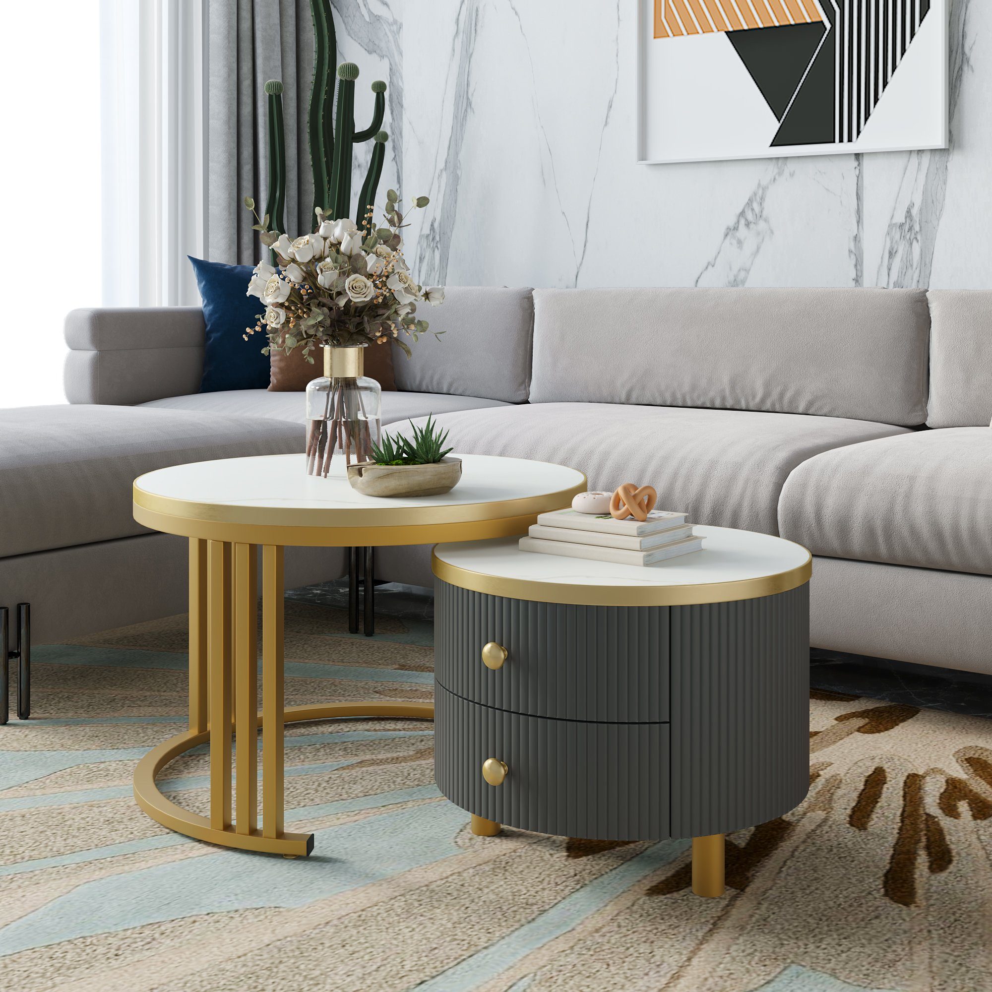 Merax Couchtisch Set 2-tlg - Runde Wohnzimmertische Mit Marmor-Optik