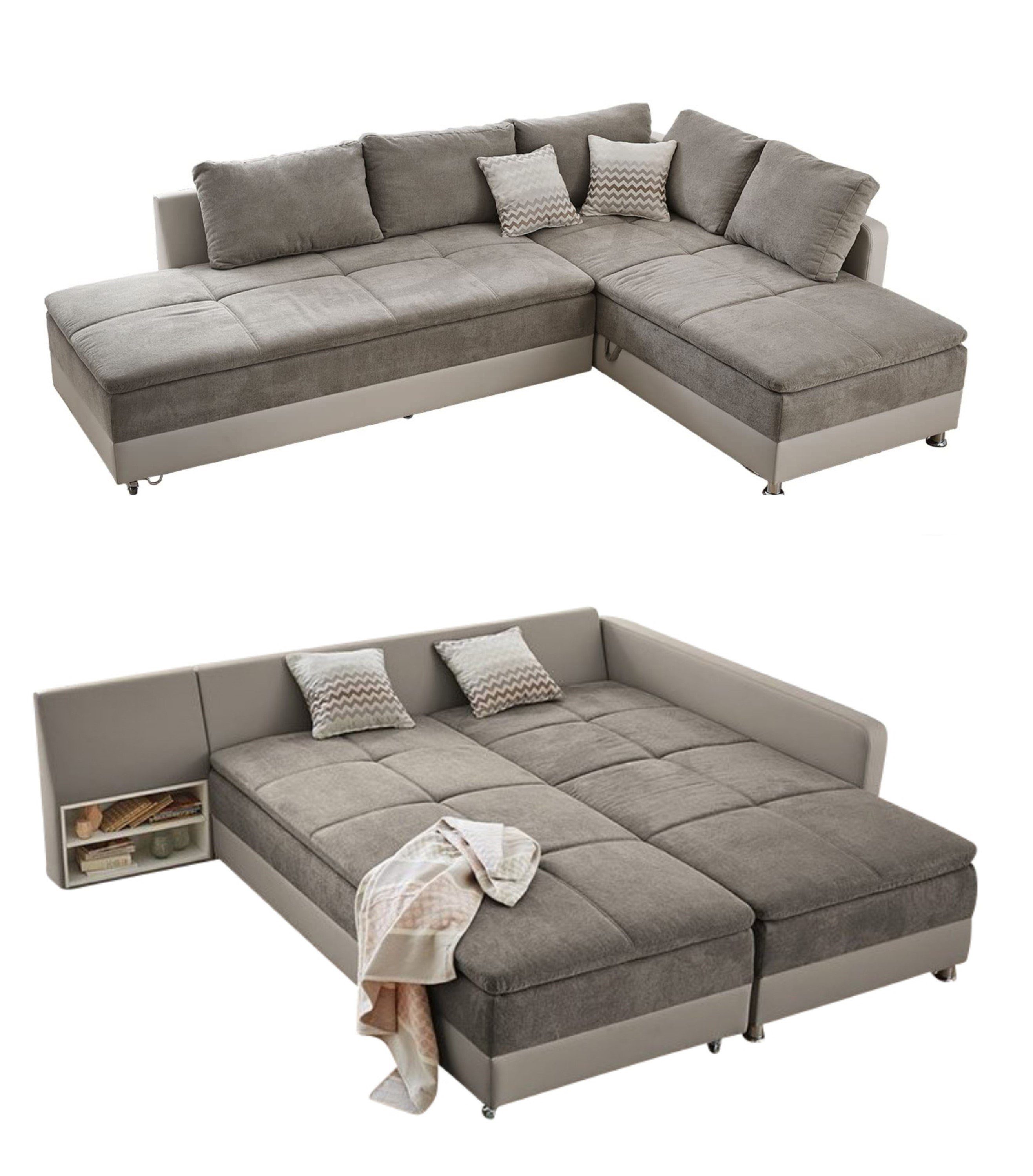 luma-home Ecksofa 15101, Dauerschläfer mit schwenkbarer Ottomane links 307x223 cm, Stauraum, Federkern, Boxspring, Topper, Mikrofaser Grau Braun, Kunstleder Beige