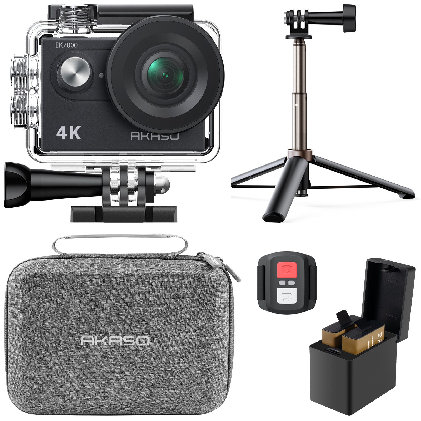Akaso EK7000 mit 60cm Selfie-Stick & Tasche Action Cam (4K Ultra HD, WLAN (Wi-Fi), 30M wasserdicht, 170°Ultra Weitwinkelt, Fernbedienung)