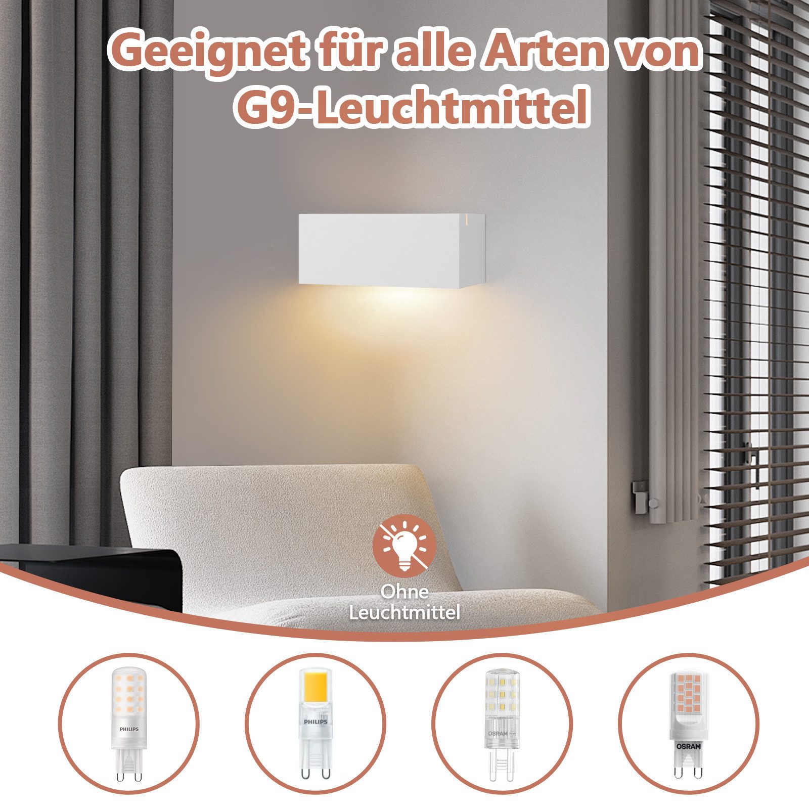 ZMH Wandleuchte innen Weiß G9 40W Modern Wandlampe Schlafzimmer Wohnzimmer Flur, ohne Leuchtmittel, 1 flammig,Up-Down-Lichteffekt,Flurlampe für Treppenhaus, 1 S – Bild 2 von 5