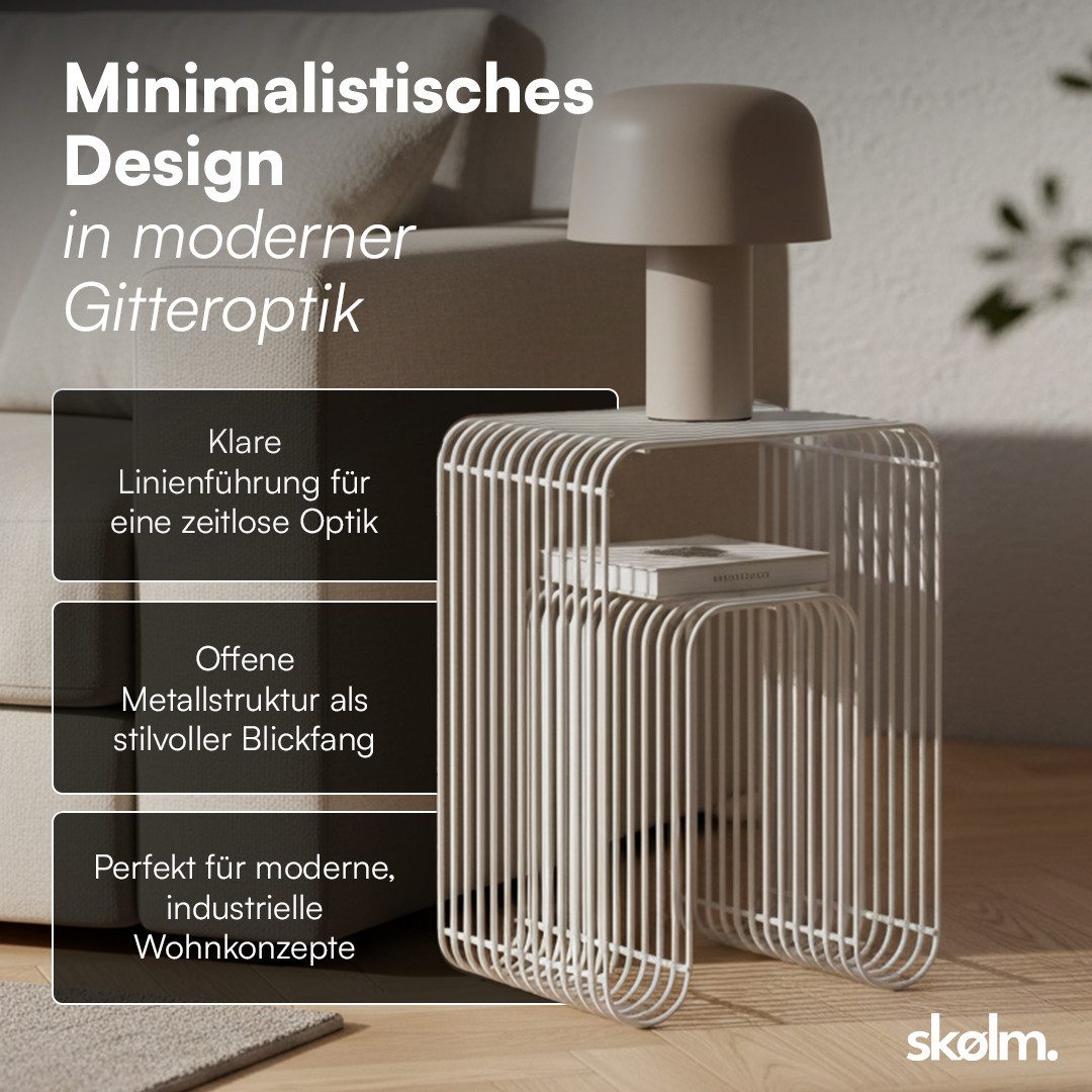 skølm Beistelltisch Vali als Hocker oder Bücherregal nutzbar (weiß), Couchtisch aus Metall, offenes Gitterdesign, Ablageregal 39x34x49 cm