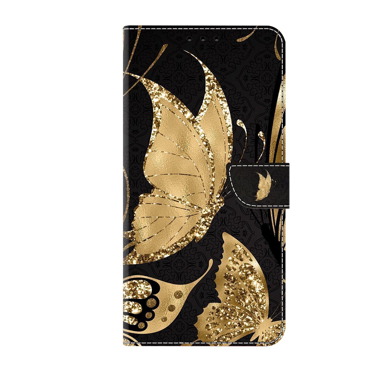 CLM-Tech Handytasche für Samsung Galaxy A16 / A17 5G Hülle aus PU-Leder Klapphülle (goldene Schmetterlinge, Handyhülle mit Standfunktion - Wallet Flip Case inklusive Kartenfächer), Cover mit Magnetverschluss
