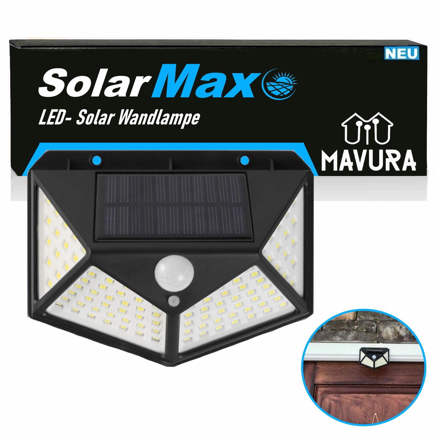 MAVURA LED Solarleuchte 308 270° LED für Gartenleuchte Solar Solarlampe, Wandleuchte Zaunleuchte mit LED SolarMAX Außen Wandlampe Bewegungsmelder
