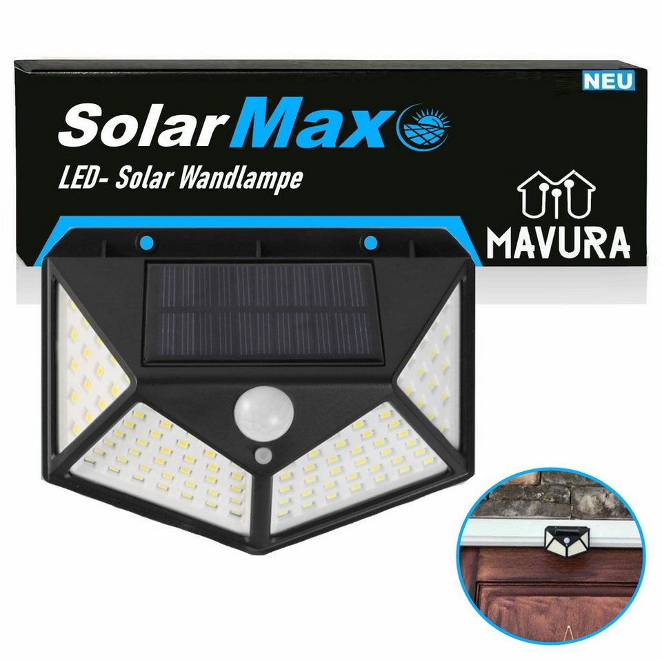 MAVURA LED Solarleuchte SolarMAX LED Solar Wandlampe mit Bewegungsmelder  Solarlampe, Gartenleuchte Zaunleuchte Wandleuchte für Außen 270° 308 LED