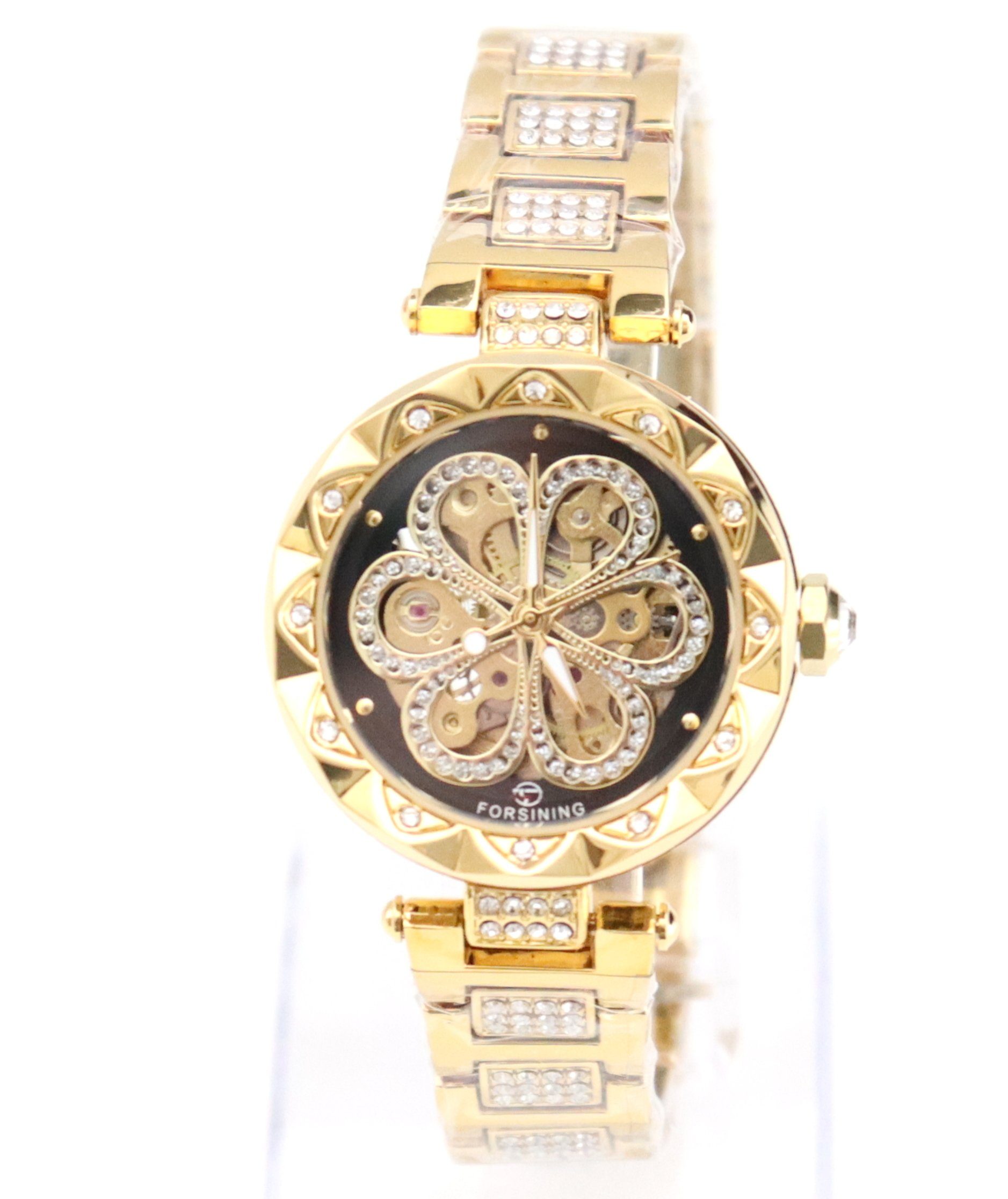 Automatikuhr Damenuhr Marke Forsining Rhinestone Besatz goldfarbenes Design