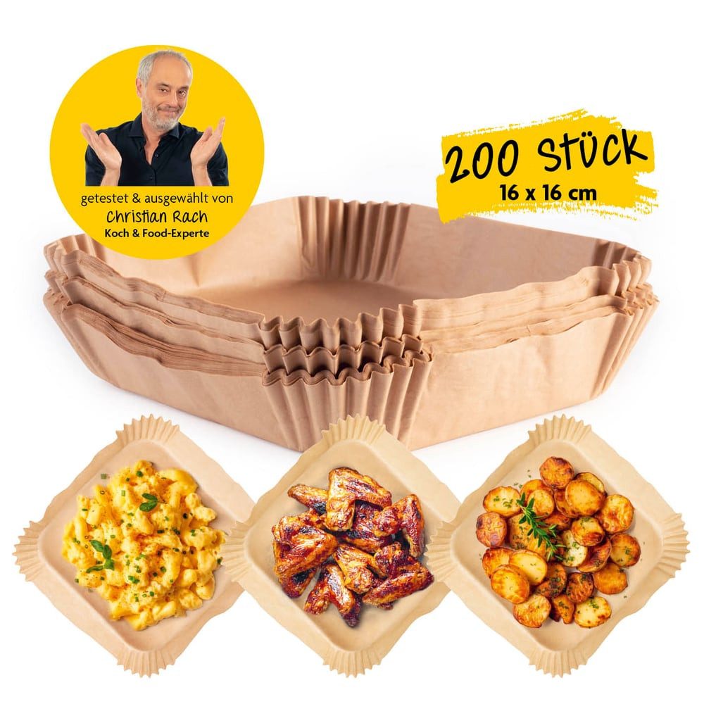 Rachs KOCHWERK Backpapier für Heißluftfritteuse 2-5 Liter - 200 Stück – 16 x 16 x 4,5 cm, für Airfryer,  Backpapierschale antihaftbeschichtet & ölbeständig