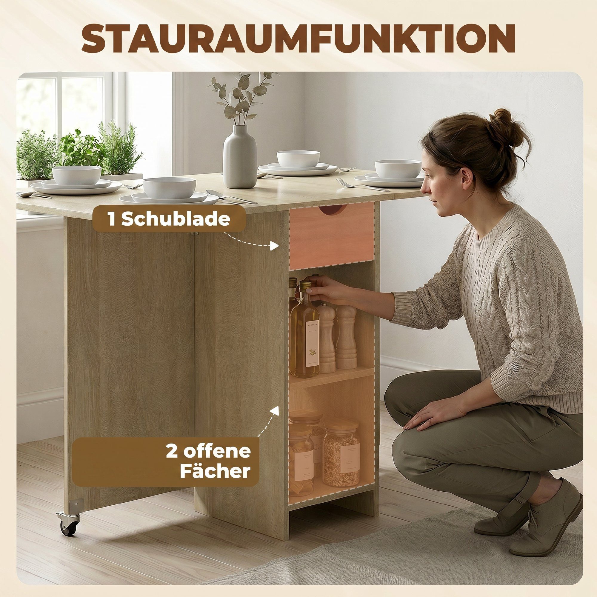 HOMCOM Klapptisch Küchentisch mit Schublade und 2 Ablagen, Moderner Esszimmertisch (Moderner Esszimmertisch, Esstisch Klappbar), für Kleine Räume, Esszimmer, Kü – Bild 5 von 5