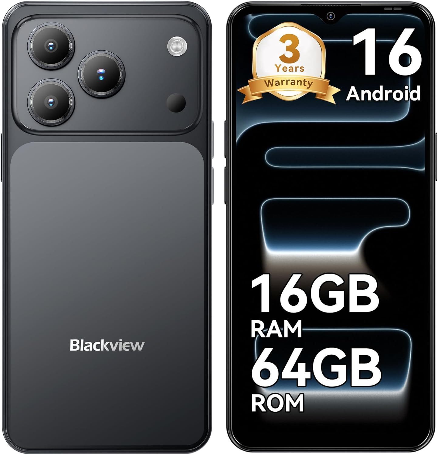 blackview Blackview A16 WAVE 7C (16+64) 60HZ 5000mAh AI Smartphone (32 MP Kamera, 4G Dual SIM/Face ID/IP54/GPS/3 Jahre Garantie)