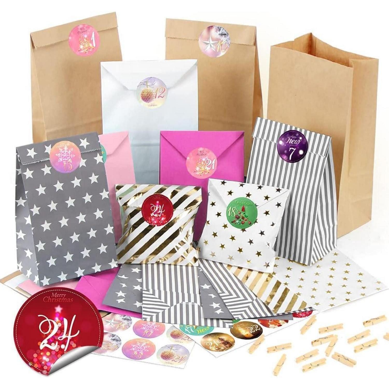 LuxusKollektion DIY-Adventskalender Adventskalender Papiertüten 26 Zahlenaufkleber Geschenktüten Rosa