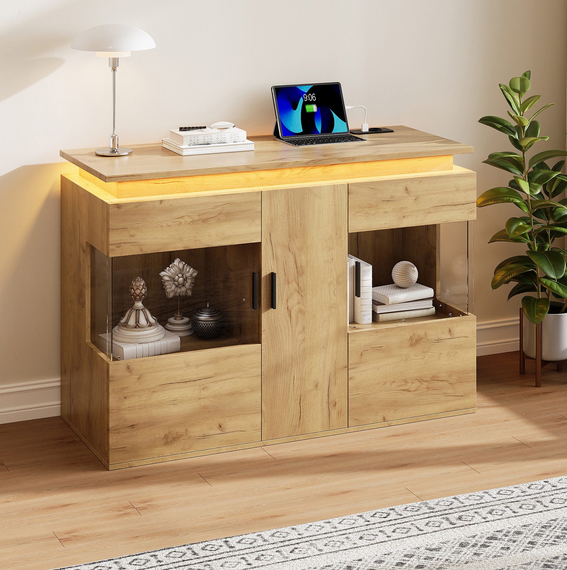 MODFU Sideboard Stauraumschrank mit LED und praktischer Arbeitsfläche (Packung, 1 St., stabile Konstruktion, moderne Optik), Holzoptik, 120x79,5x40 cm, bis 185 kg