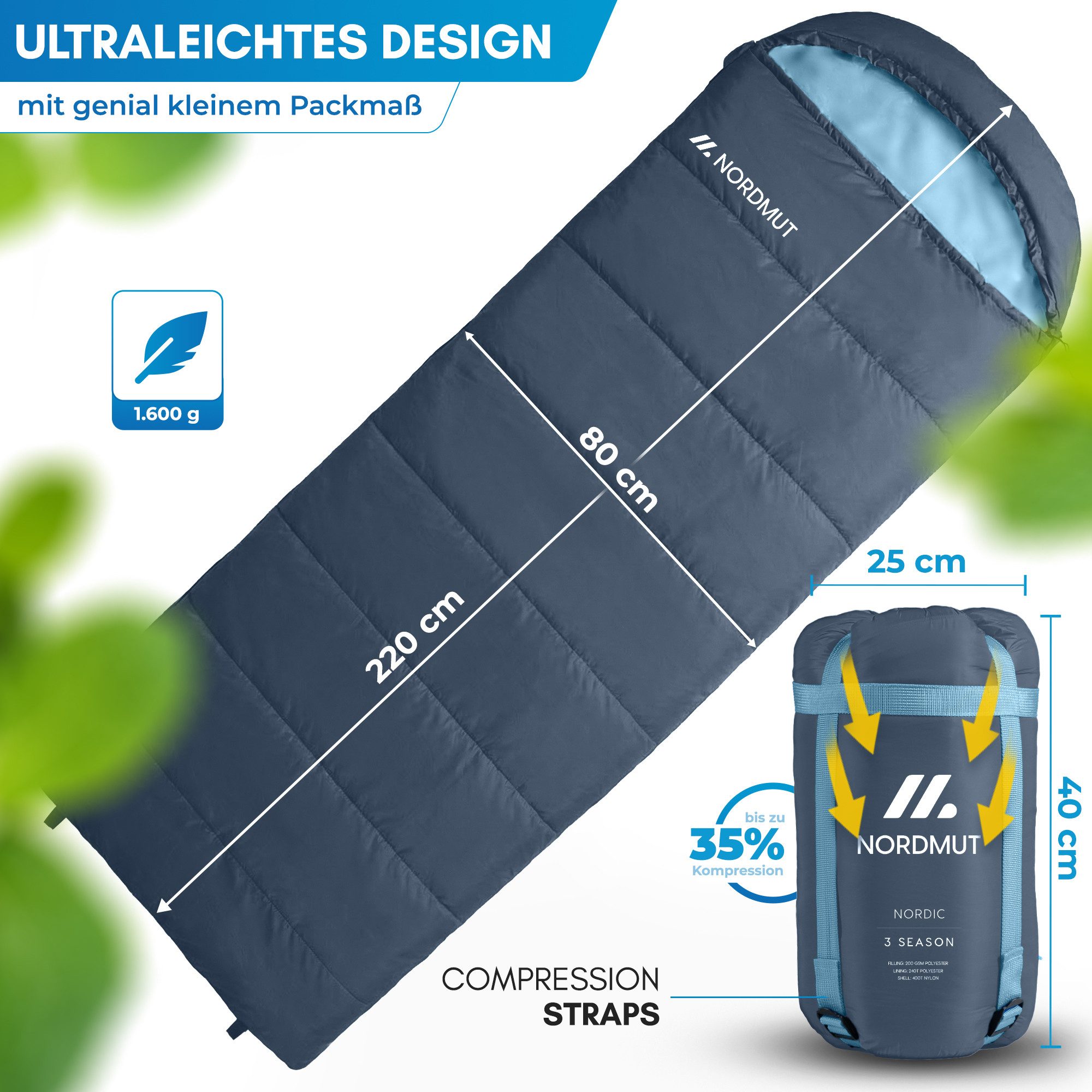 Nordmut Deckenschlafsack Sommer 3 Jahreszeiten Camping Outdoor, kleines Packmaß, leicht, warm (Spar-Set, 1 tlg., Nordmut Pihtso + Kompressionsbeutel), wasserabw – Bild 5 von 5