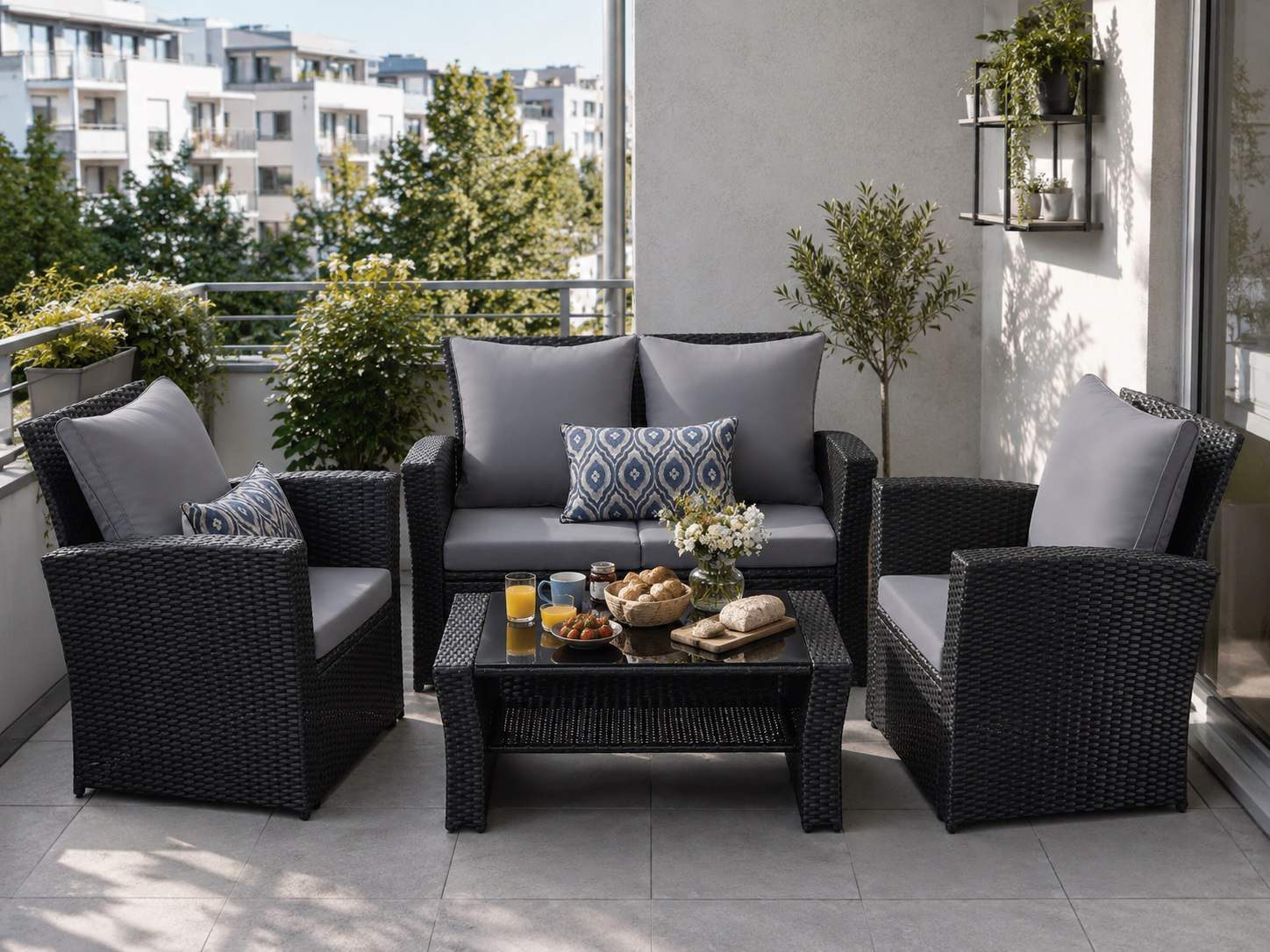MeXo Gartenlounge-Set Gartenmöbel-Set Sitzgruppe, (Lounge-Set für 4 Personen, 4-tlg., 2-Sitzer Sofa, 2 Sesseln & Stauraum-Tisch), wetterfest, frei kombinierbar