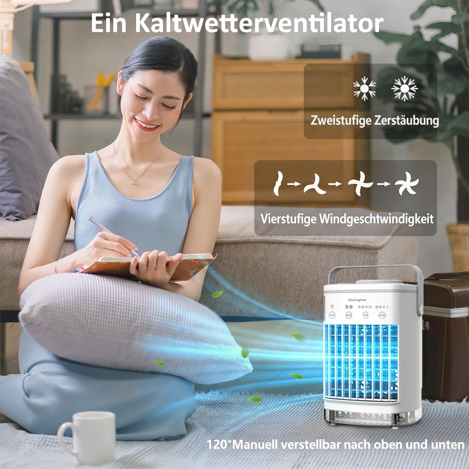 MOPUEA Ventilatorkombigerät Tragbarer Luftkühler Klimaanlage mit 7-Farben-LED 700ML Wassertank, 4 Windstufen mit Sprühnebel für individuelle Kühlung
