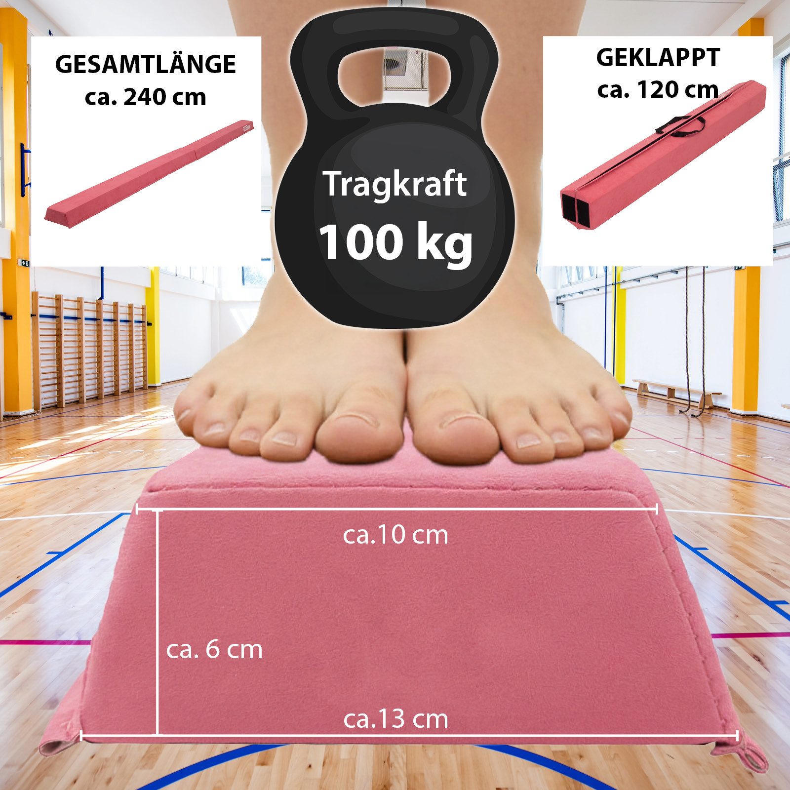 TRUTZHOLM Balanceboard Schwebebalken 240 cm Turnbalken inkl. Tragetasche Balancierbalken Pink, klappbar, tragbar, bodennah, kombinierbar