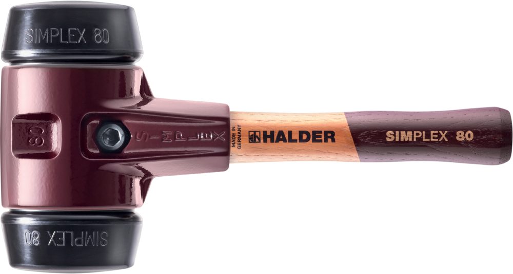 Halder KG Hammer SIMPLEX-Schonhammer, Gummikomposition; mit Tempergussgehäuse und hochwertigem extra kurzen Holzstiel D=80 mm / Stielausführung=extra kurz