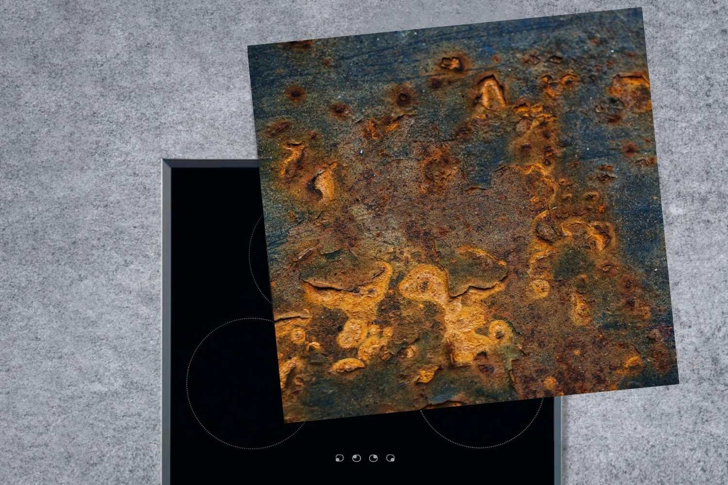 78x78 cm, Herdblende-/Abdeckplatte Blau, tlg), Arbeitsplatte (1 - Rost Vinyl, - Gelb MuchoWow küche Ceranfeldabdeckung, für