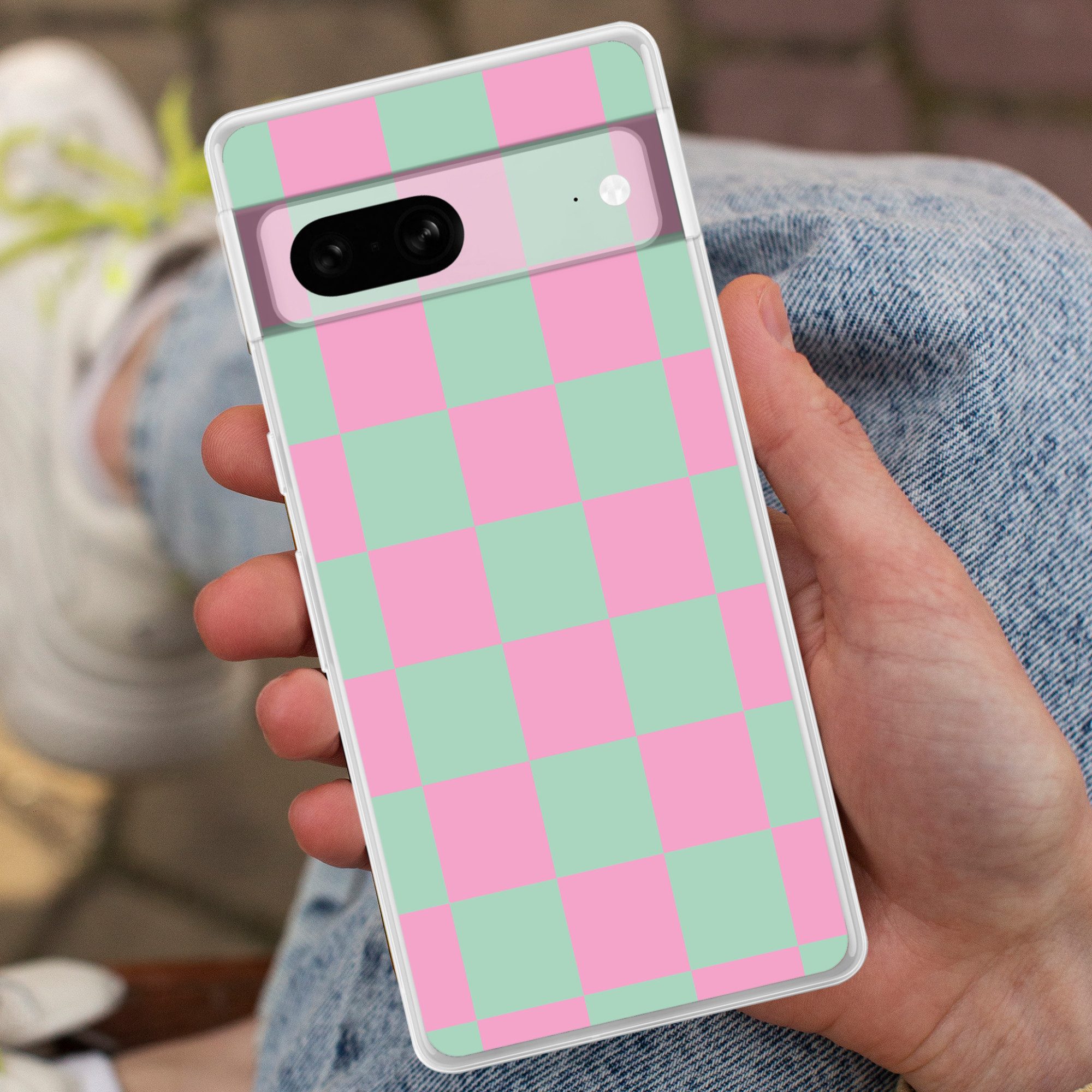 MuchoWow Handyhülle für Google Pixel 7 Schachbrettmuster - Grün - Rosa - Würfel, Phone Case, Silikon, Schutzhülle Dünn