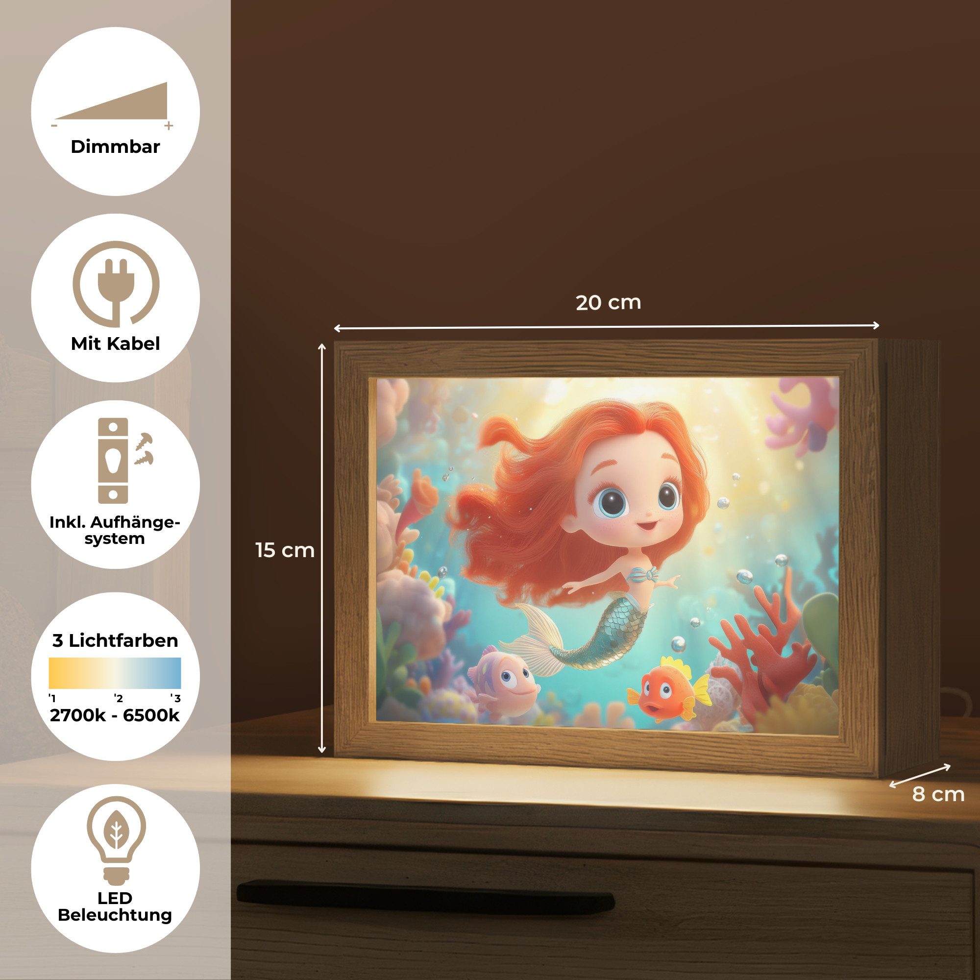OnlyWow Nachttischlampe Lightbox Meerjungfrau - Wasser - Fisch - Rot - Mädchen, Dimmbar, Farbwechsel, LED, Warmweiß, Kaltweiß, Neutralweiß Einstellbar, Nachtlicht, Kinder- und Babyzimmer, Dimmbar, mit Kabel, Tischleuchte