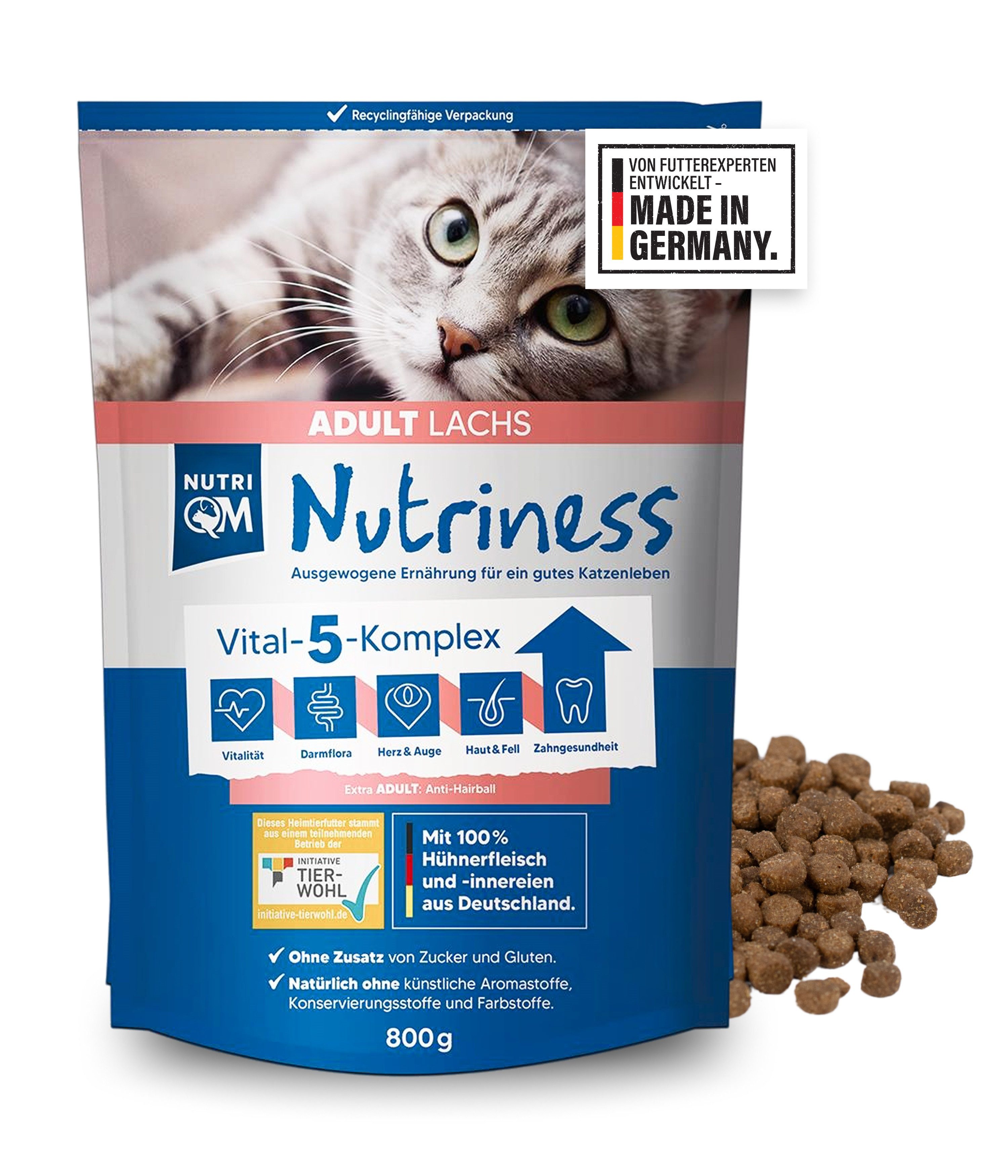 NutriQM Katzentrockenfutter Nutriness Adult Lachs, Trockenfutter für: Katzen