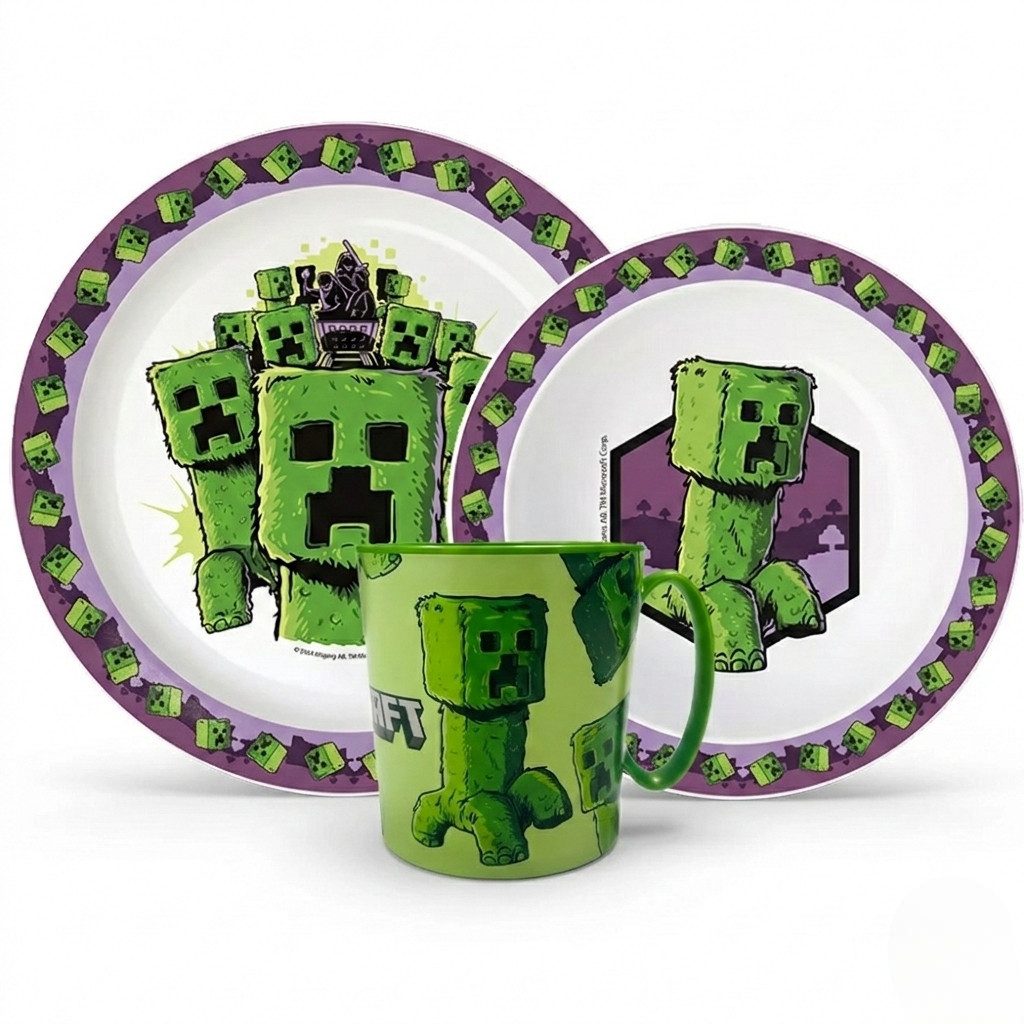 Minecraft Kindergeschirr-Set Minecraft Creeper Kinder Geschirr-Set 3 tlg Becher Teller Schüssel (3-tlg), 1 Personen