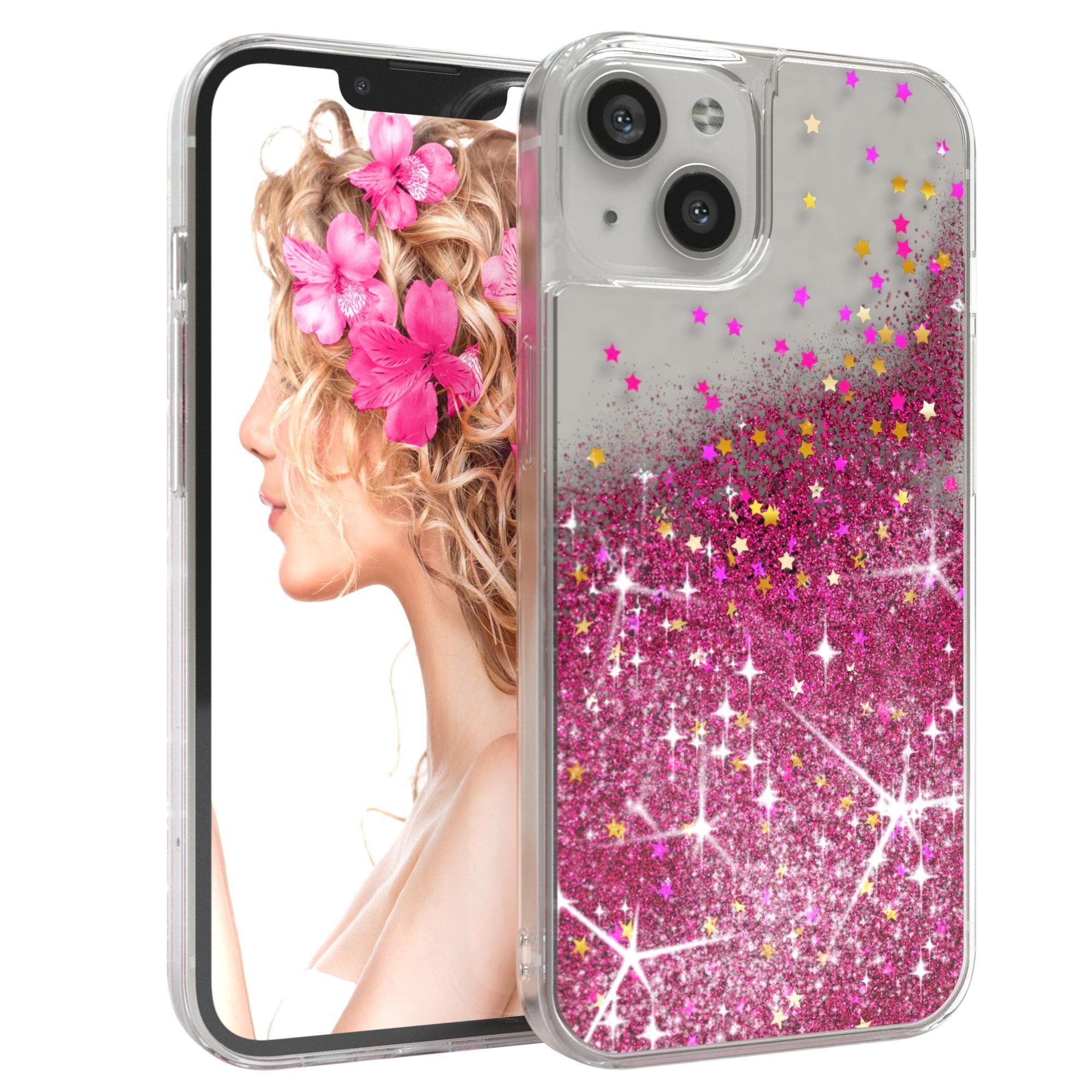 EAZY CASE Handyhülle Liquid Glittery Case für Apple iPhone 13 6,1 Zoll, Glitzerhülle Shiny Slimcover stoßfest Durchsichtig Bumper Case Pink