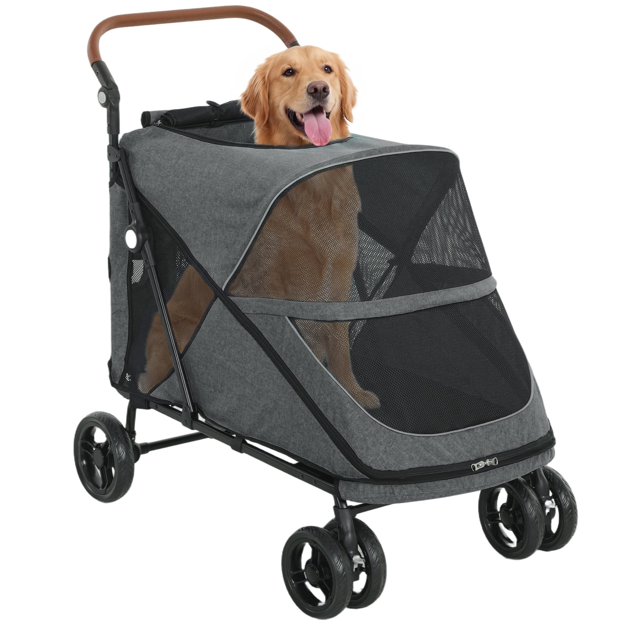 PawHut Hundebuggy Faltbar Hundetrolley mit 360°Drehrädern Kissen Verstellbarer Griff, (Hundewagen, 1-tlg), für große mittelgroße Hunde bis 30 kg Grau